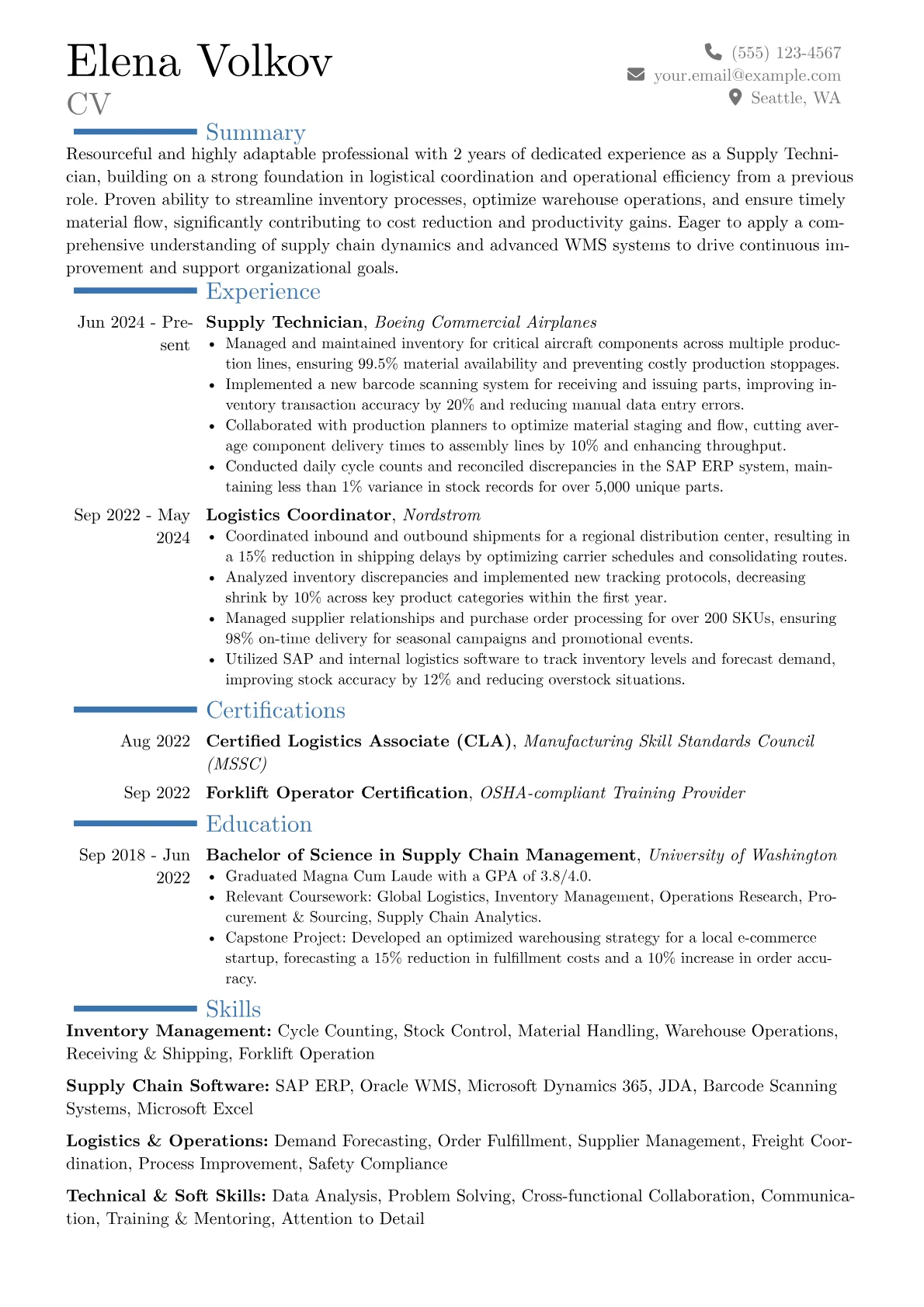 Supply Technician resume example, Career changer, page 1