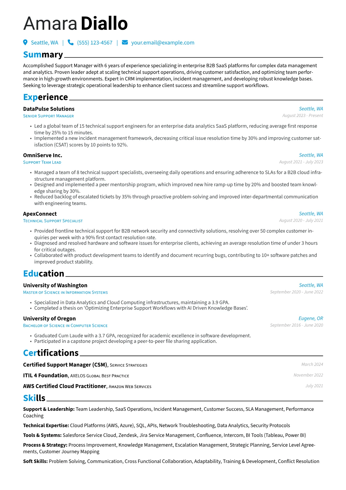 Support Manager resume example, Enterprise B2B SaaS, page 1