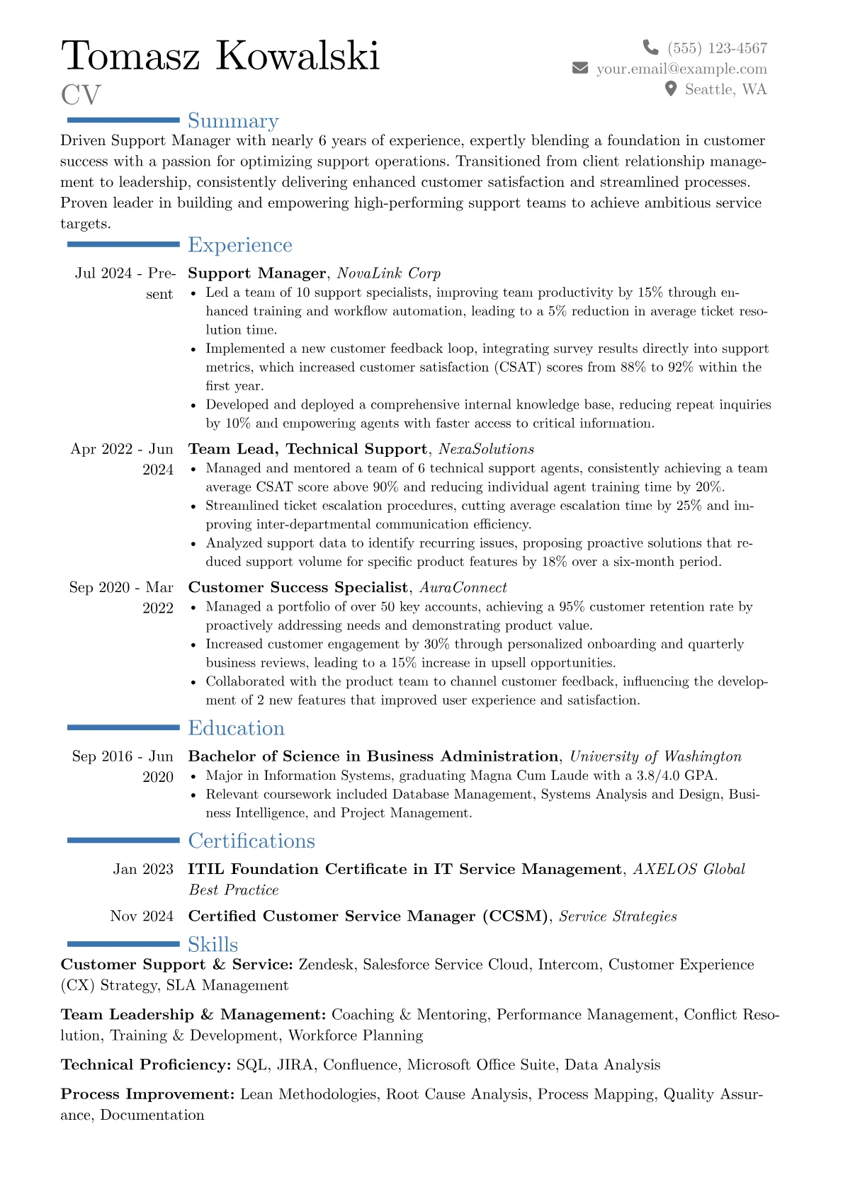 Support Manager resume example, Career changer, page 1