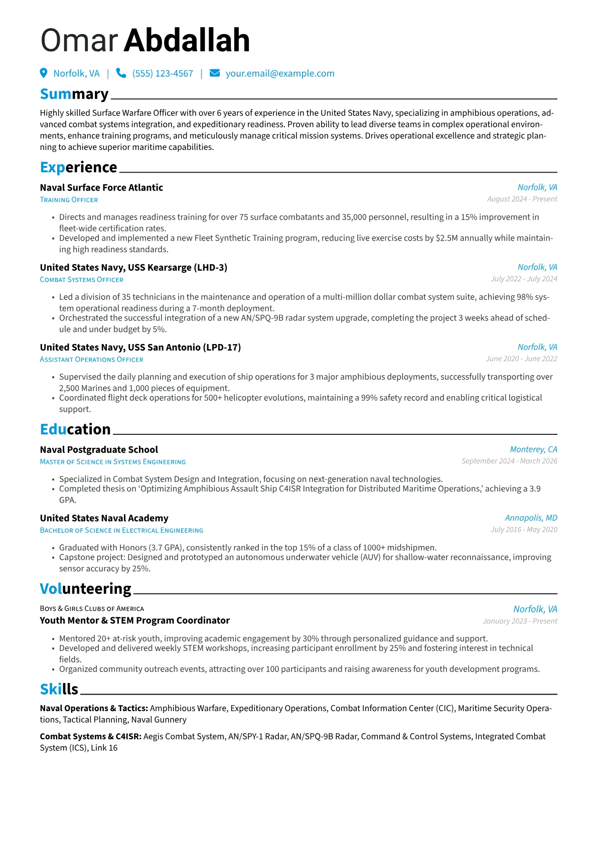 Surface Warfare Officer resume example, Naval Operations & Tactics, page 1
