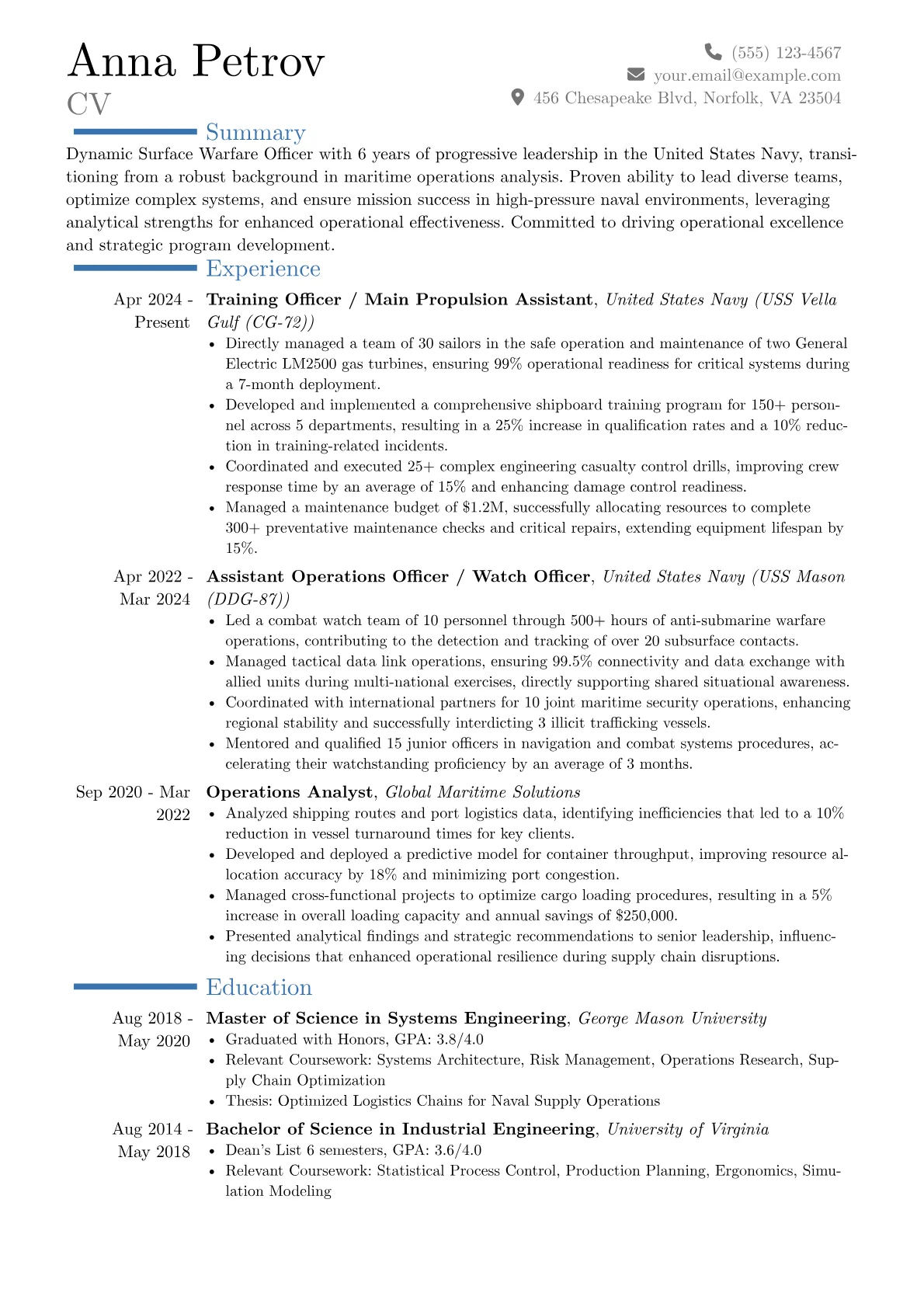 Surface Warfare Officer resume example, Career changer, page 1