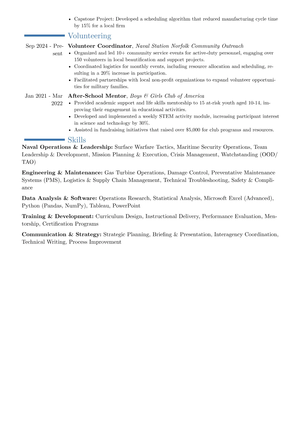 Surface Warfare Officer resume example, Career changer, page 2