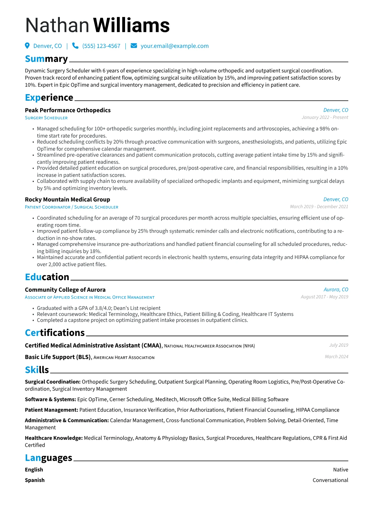 Surgery Scheduler resume example, Surgical Coordination, page 1