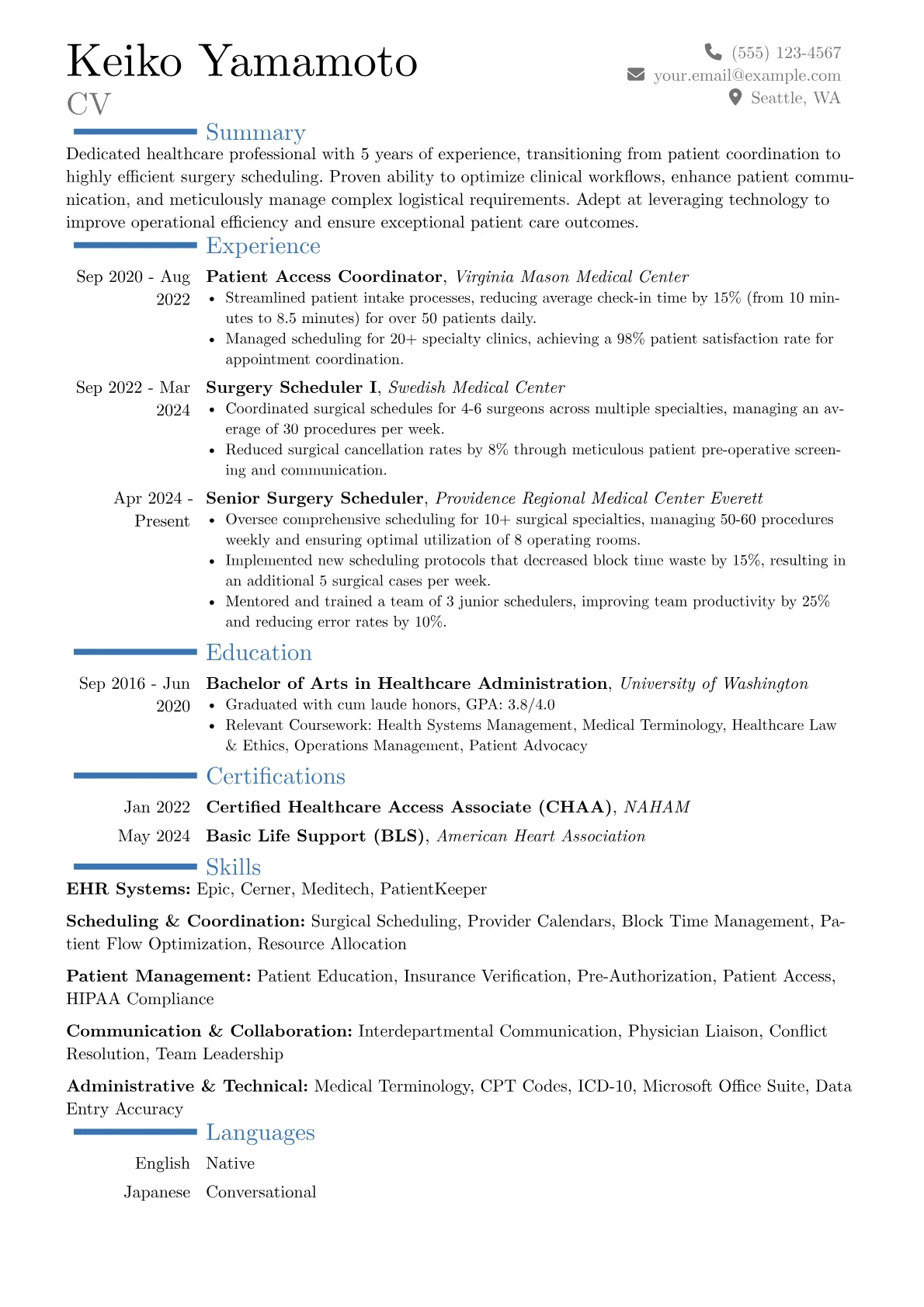 Surgery Scheduler resume example, Career changer, page 1