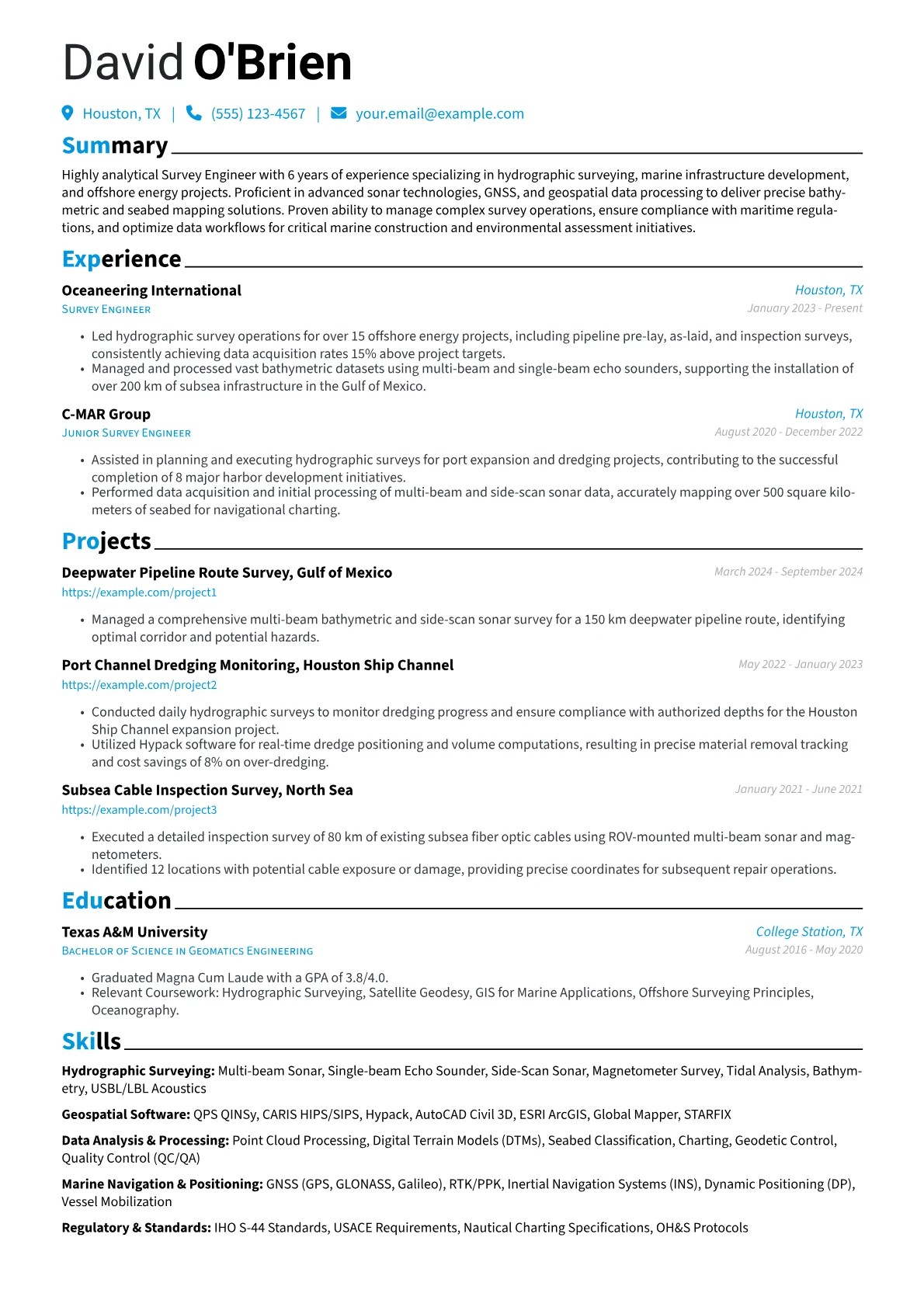 Survey Engineer resume example, Hydrographic Surveying, page 1