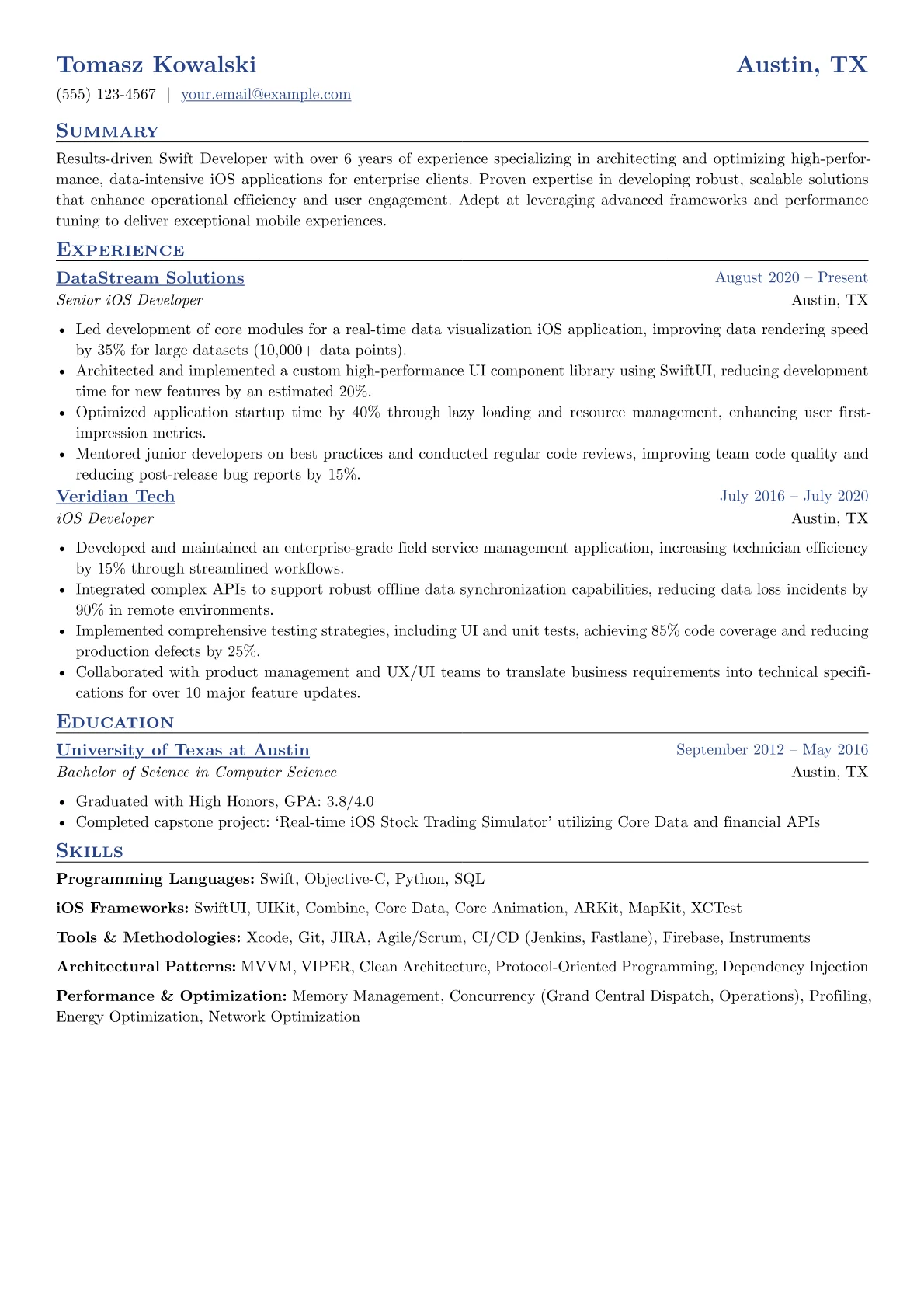 Swift Developer Resume version - Page 1