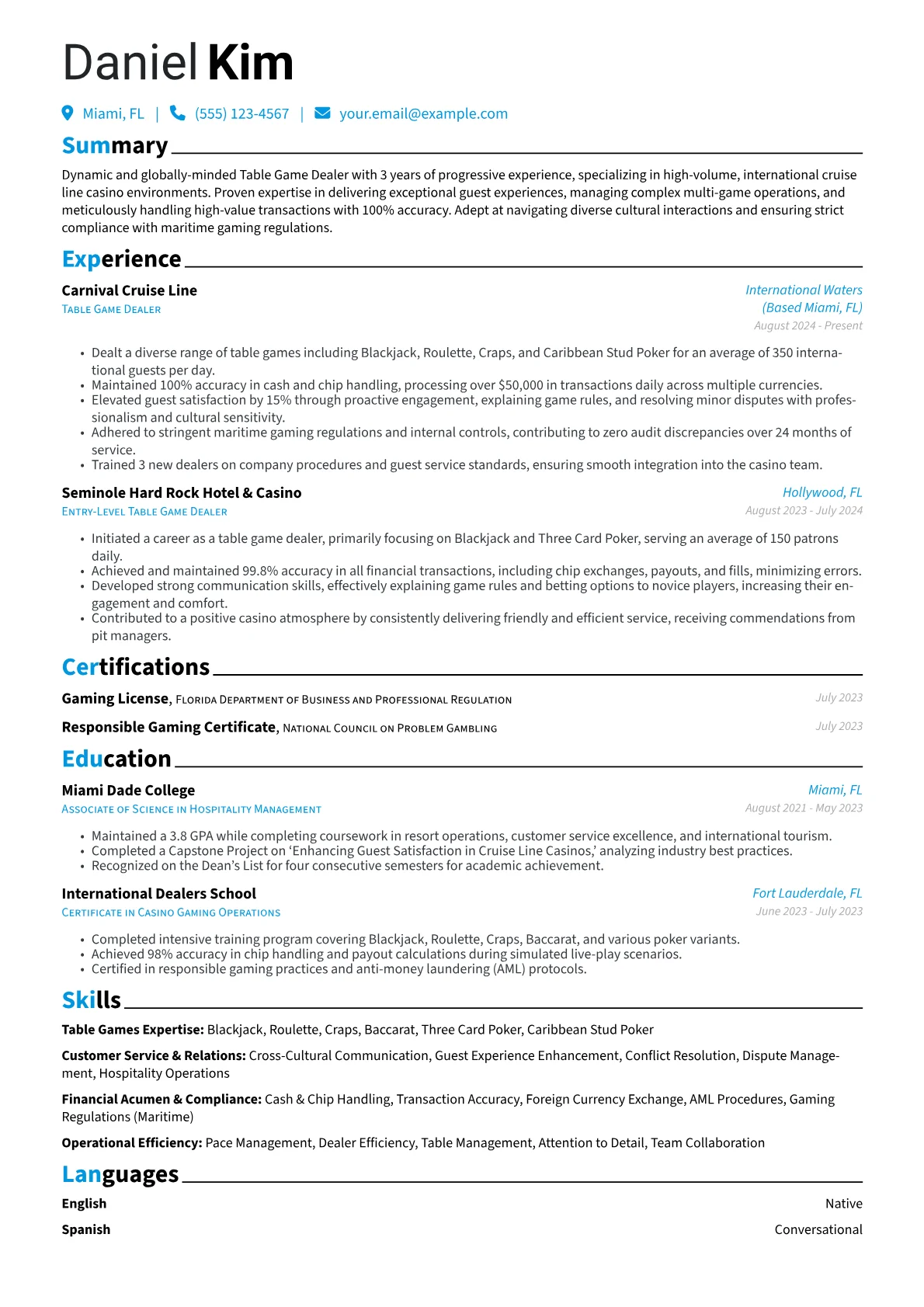 Table Game Dealer resume example, Cruise Line Specialist, page 1