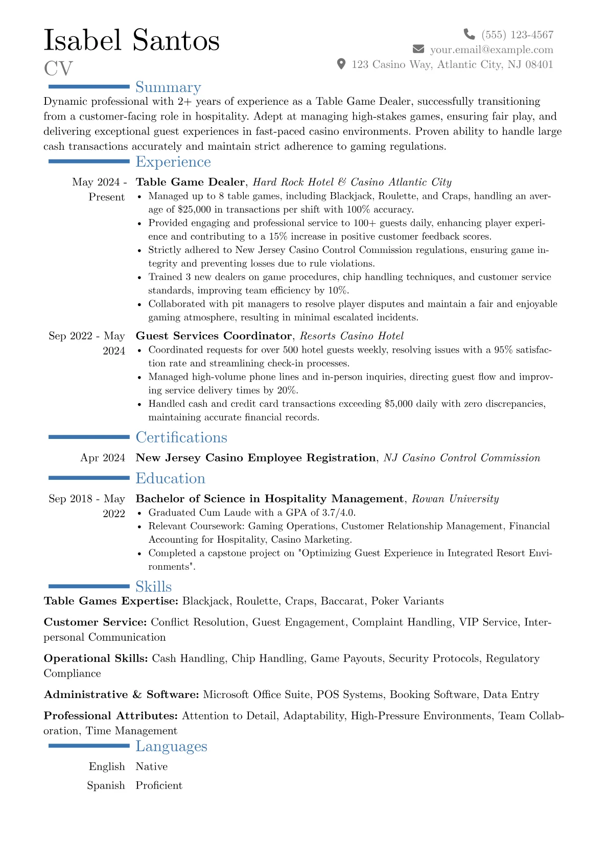 Table Game Dealer resume example, Career changer, page 1