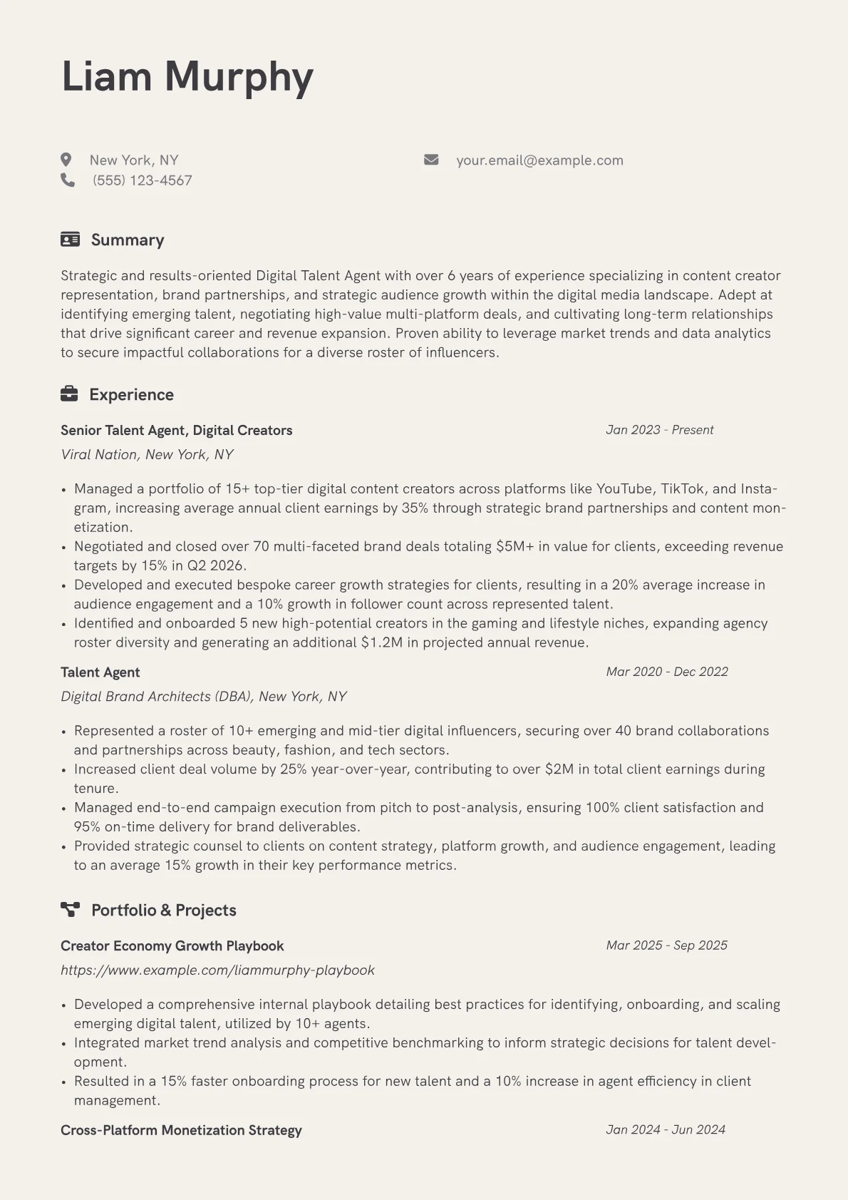 Talent Agent resume example, Digital Talent Agent, page 1