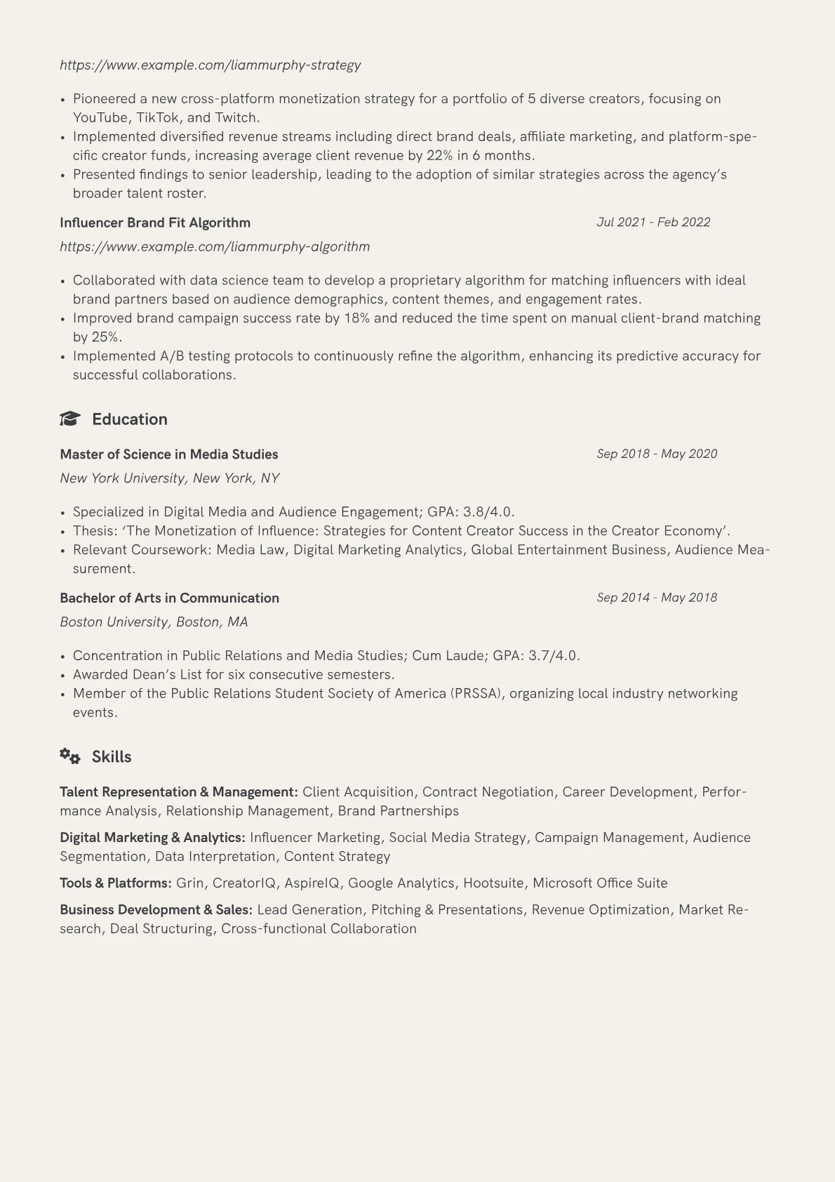Talent Agent resume example, Digital Talent Agent, page 2