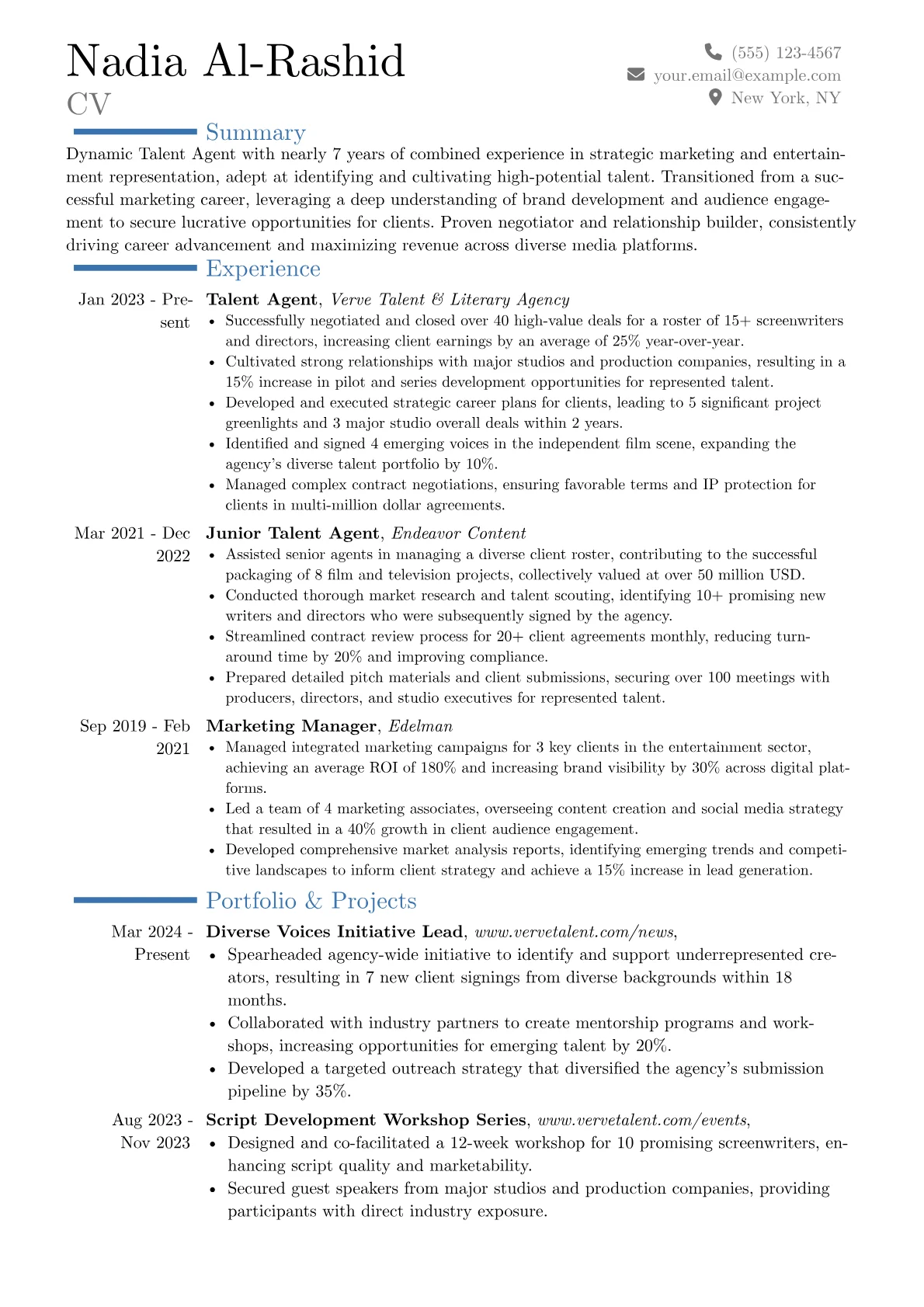 Talent Agent resume example, Career changer, page 1