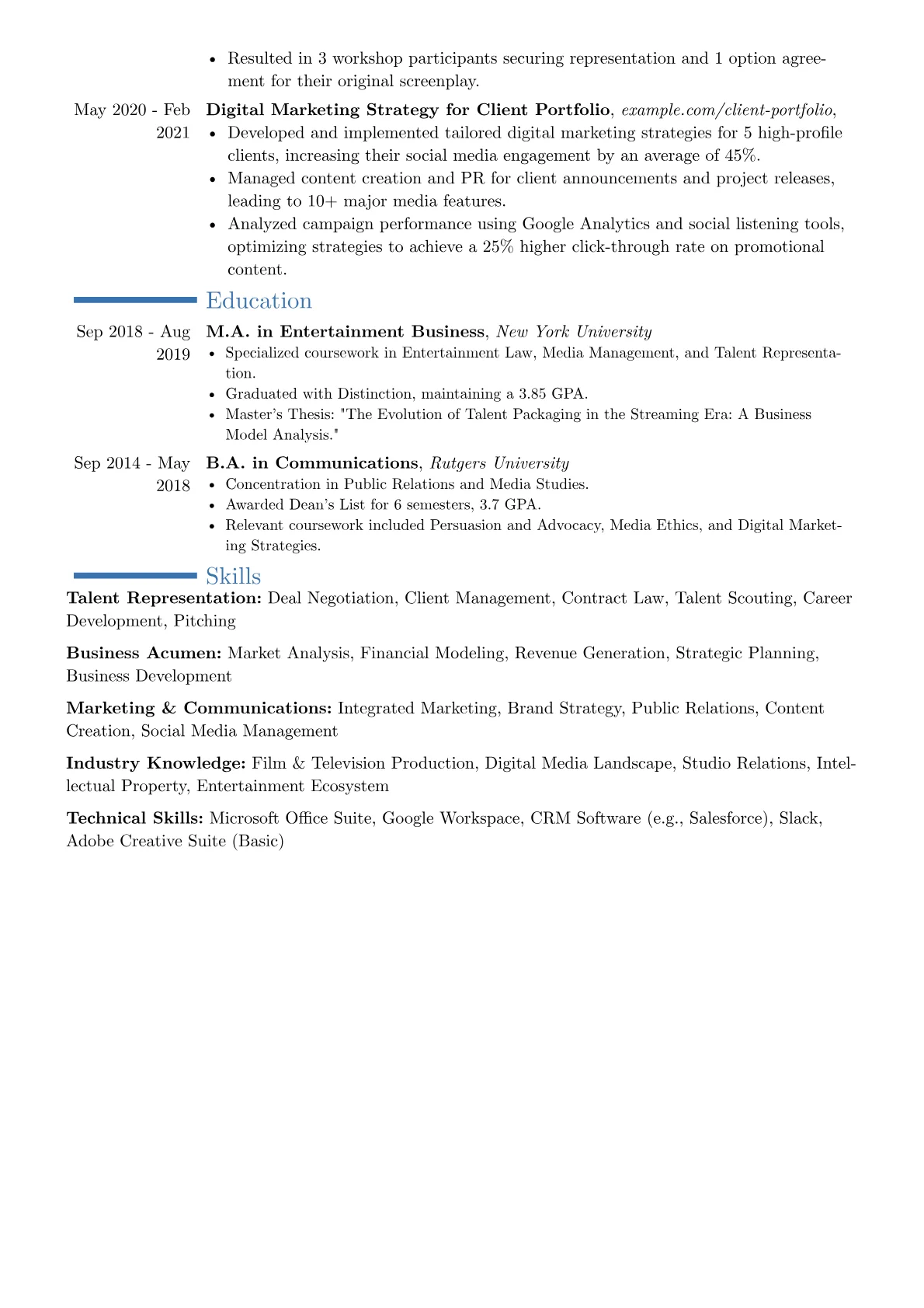 Talent Agent resume example, Career changer, page 2
