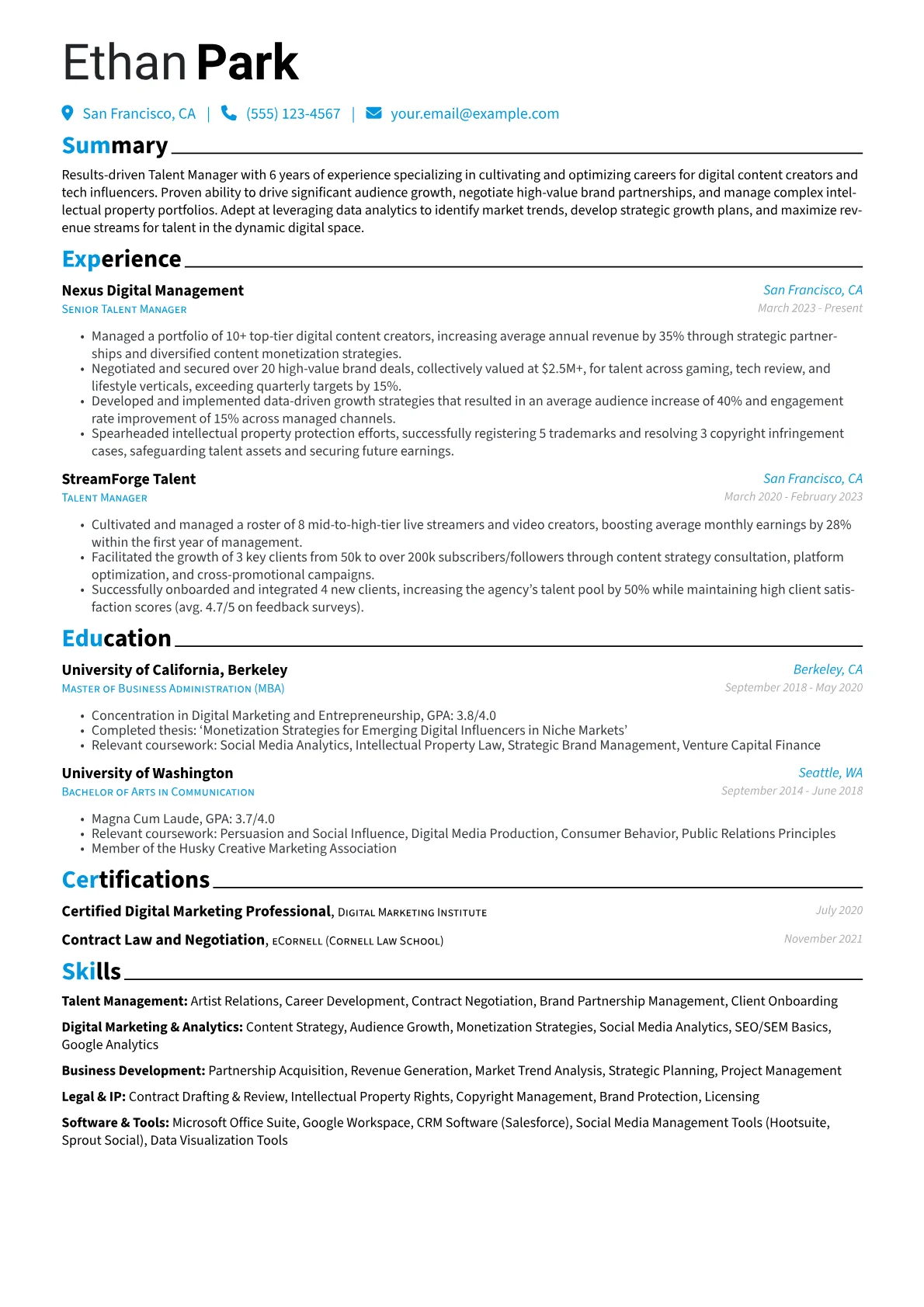 Talent Manager resume example, Digital & Tech Influencer, page 1