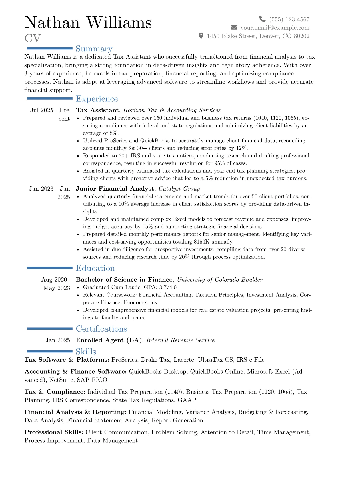 Tax Assistant resume example, Career changer, page 1