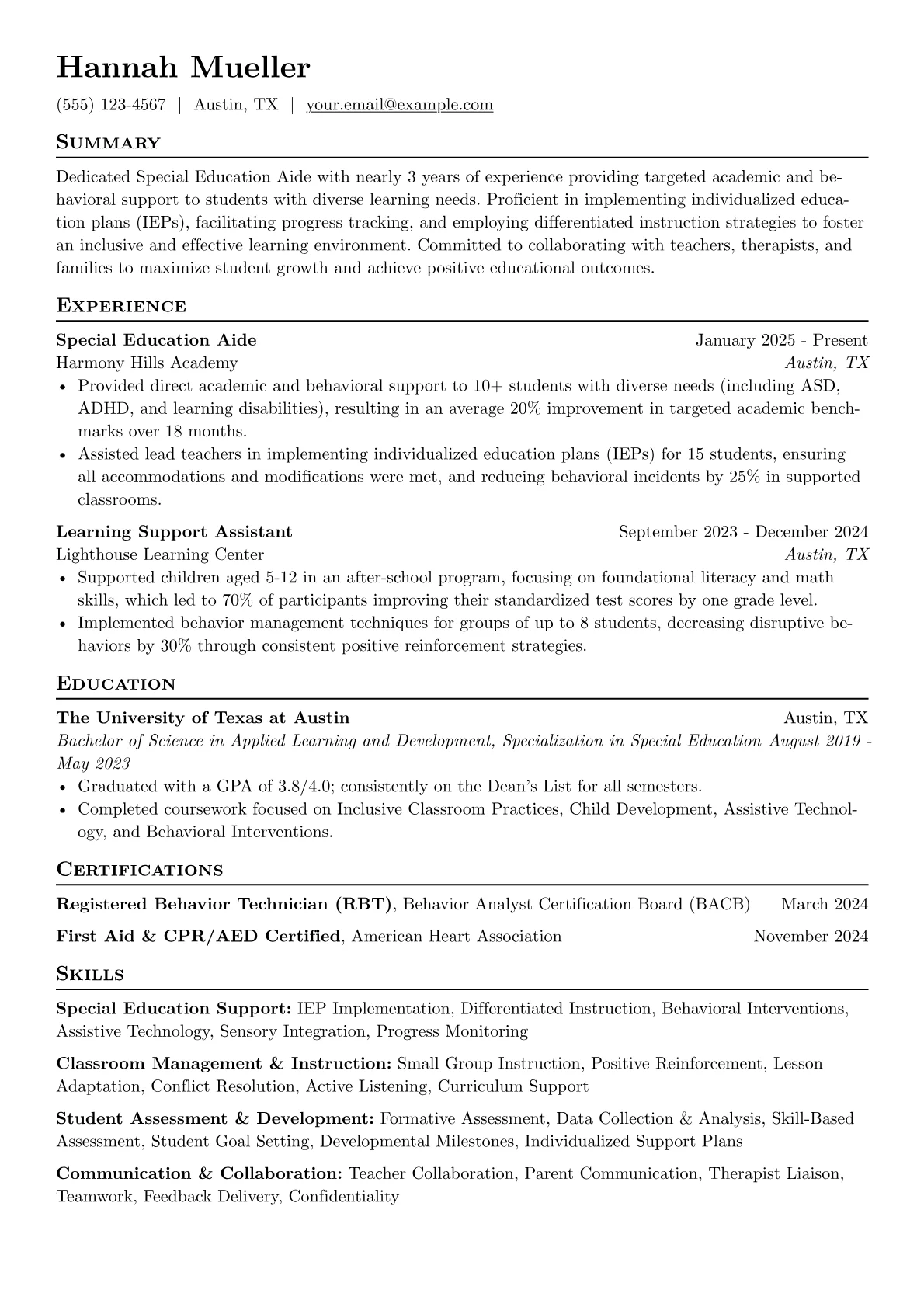 Teacher's Aide resume example, Special Education Aide, page 1