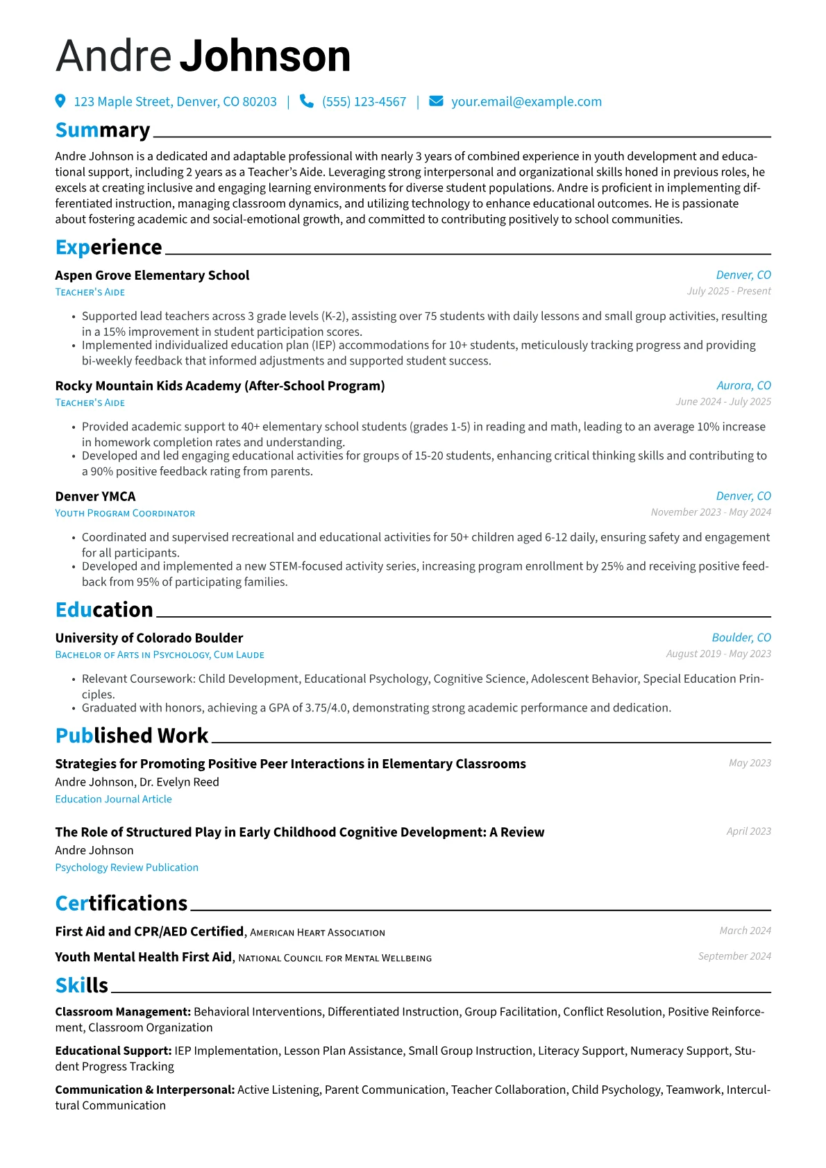 Teacher's Aide resume example, Career changer, page 1