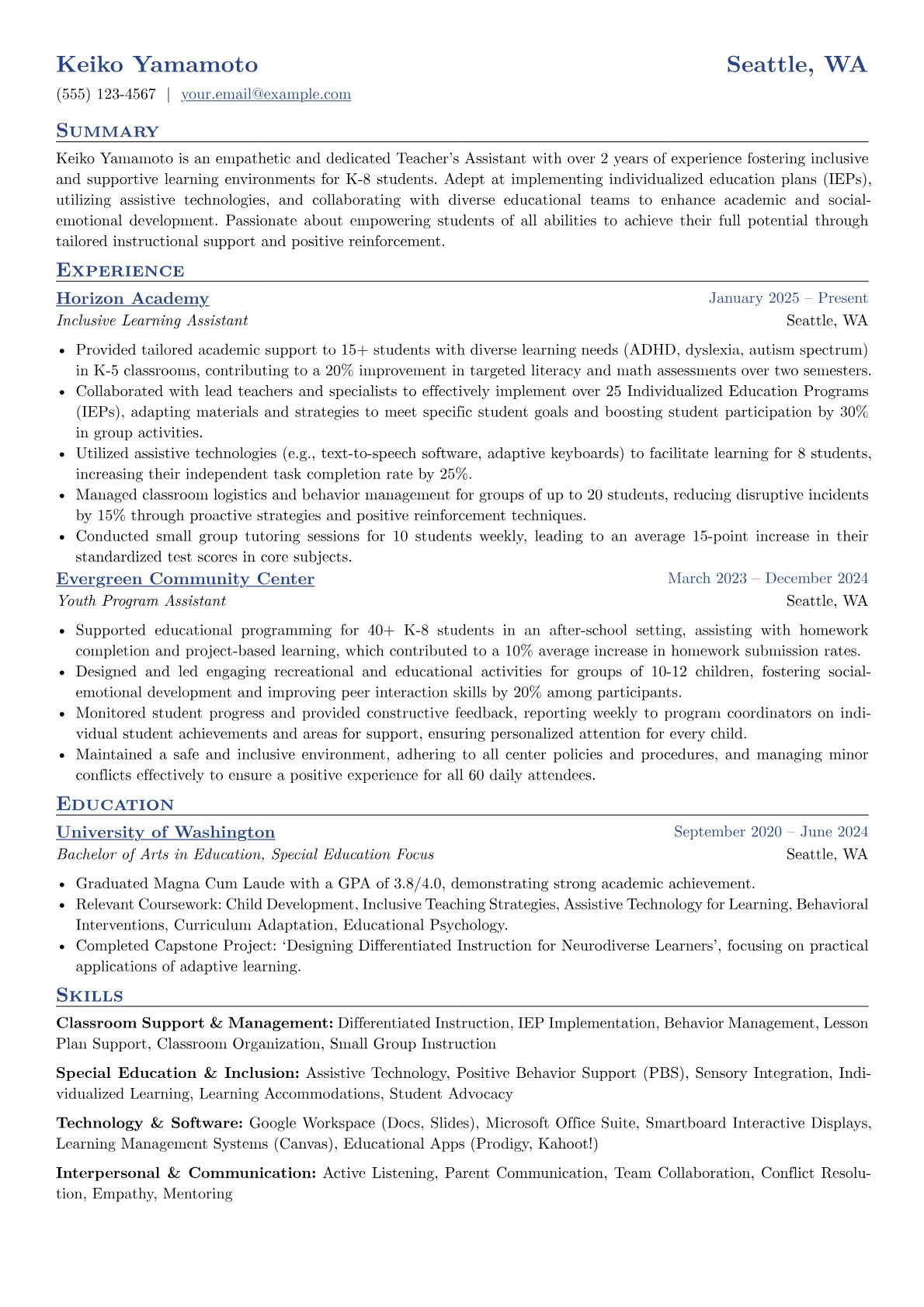 Teacher's Assistant resume example, Teacher's Assistant, page 1