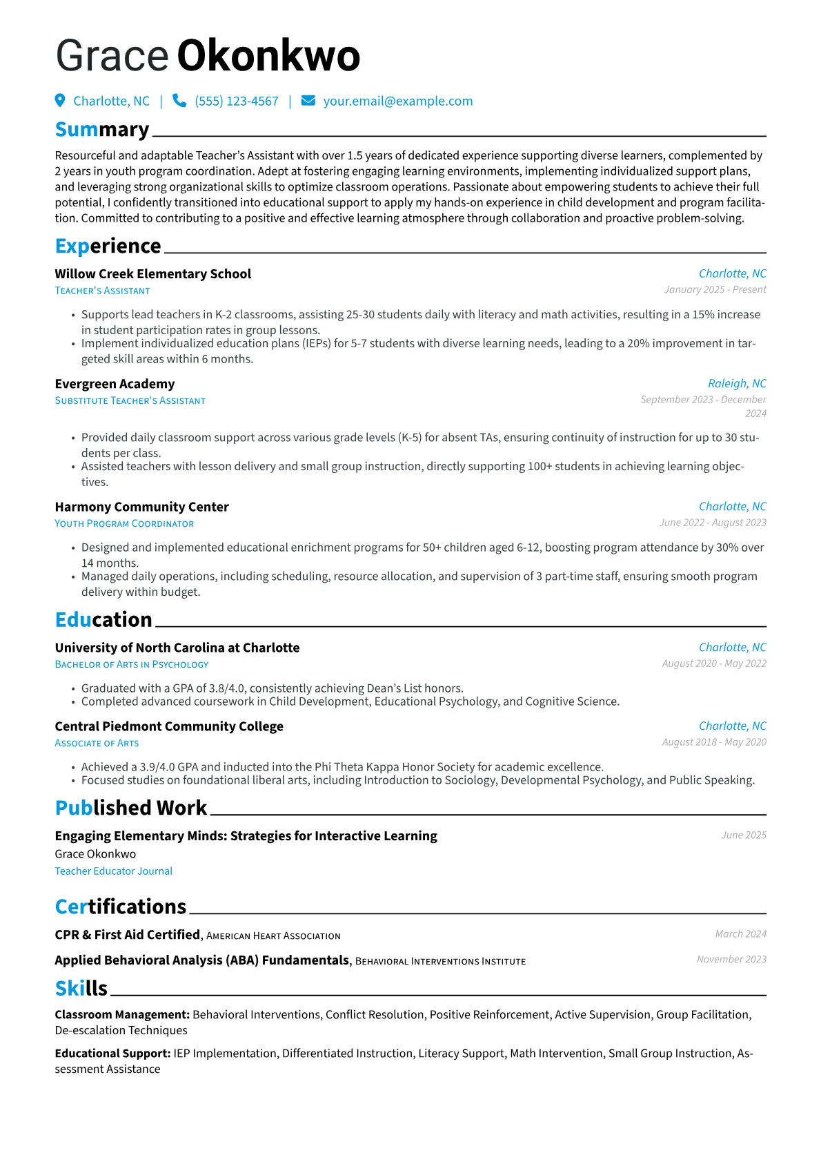 Teacher's Assistant resume example, Career changer, page 1