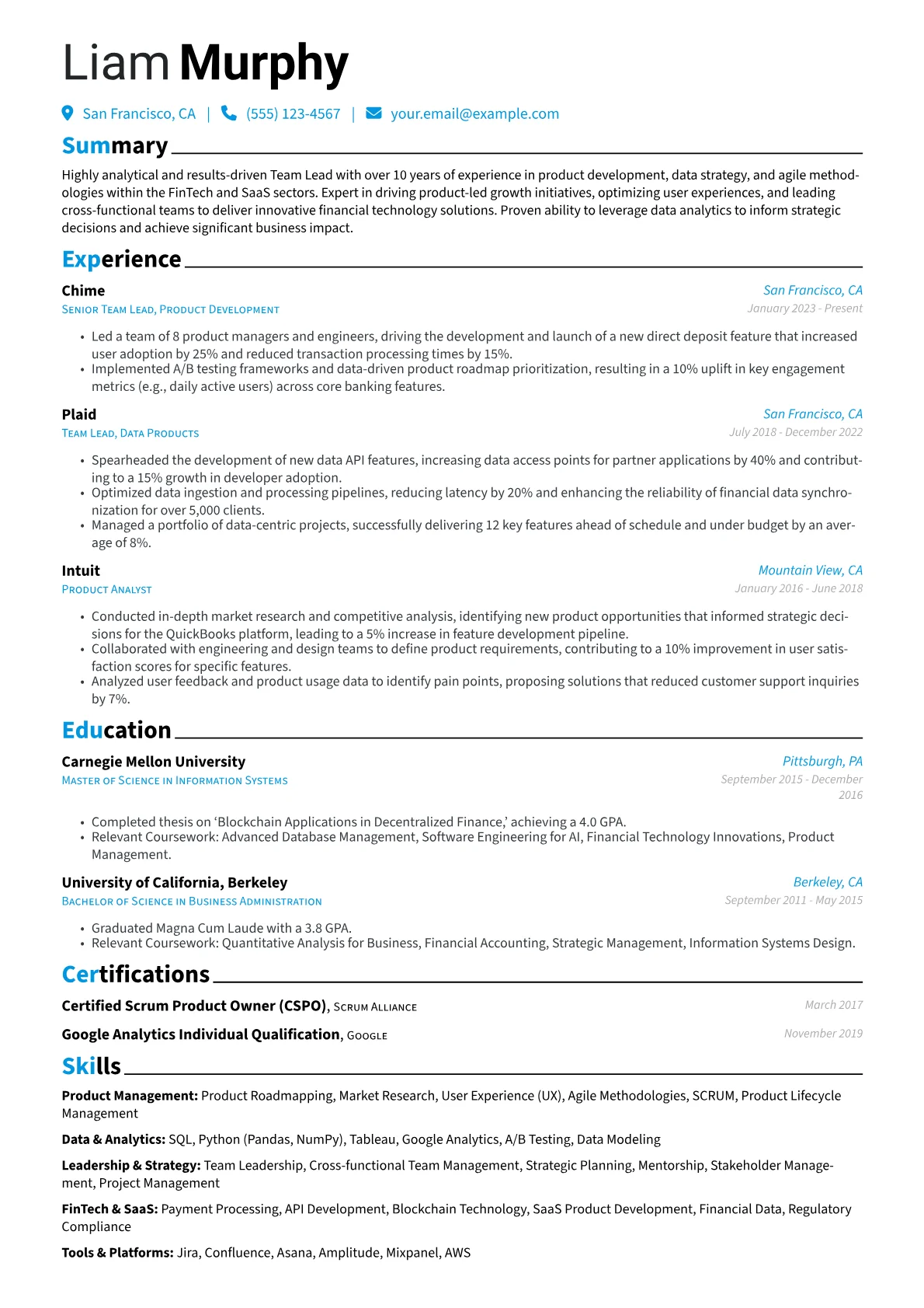 Team Lead resume example, Team Lead, page 1