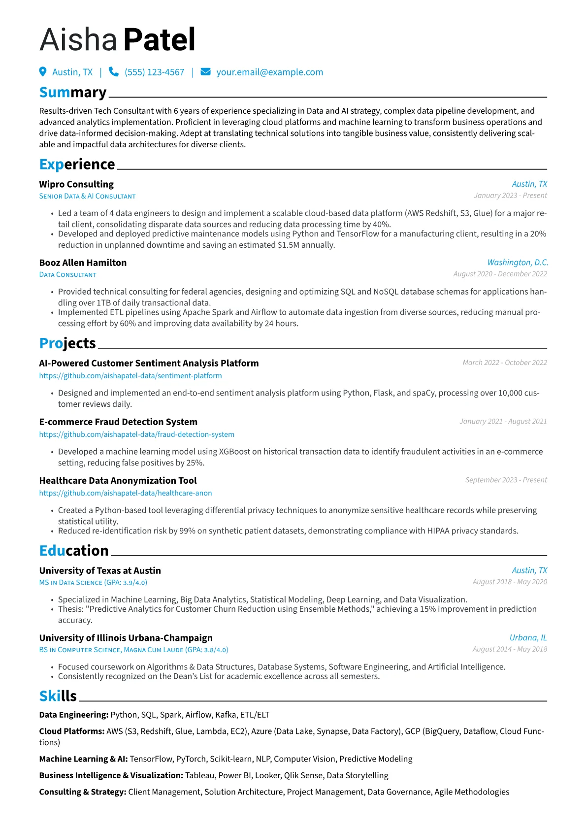 Tech Consultant resume example, Data & AI Consulting, page 1