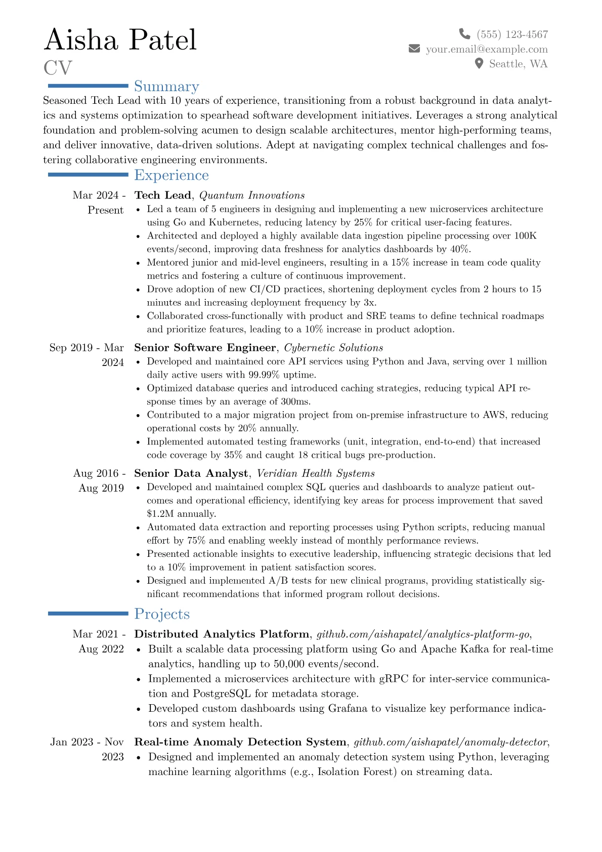 Tech Lead resume example, Career changer, page 1