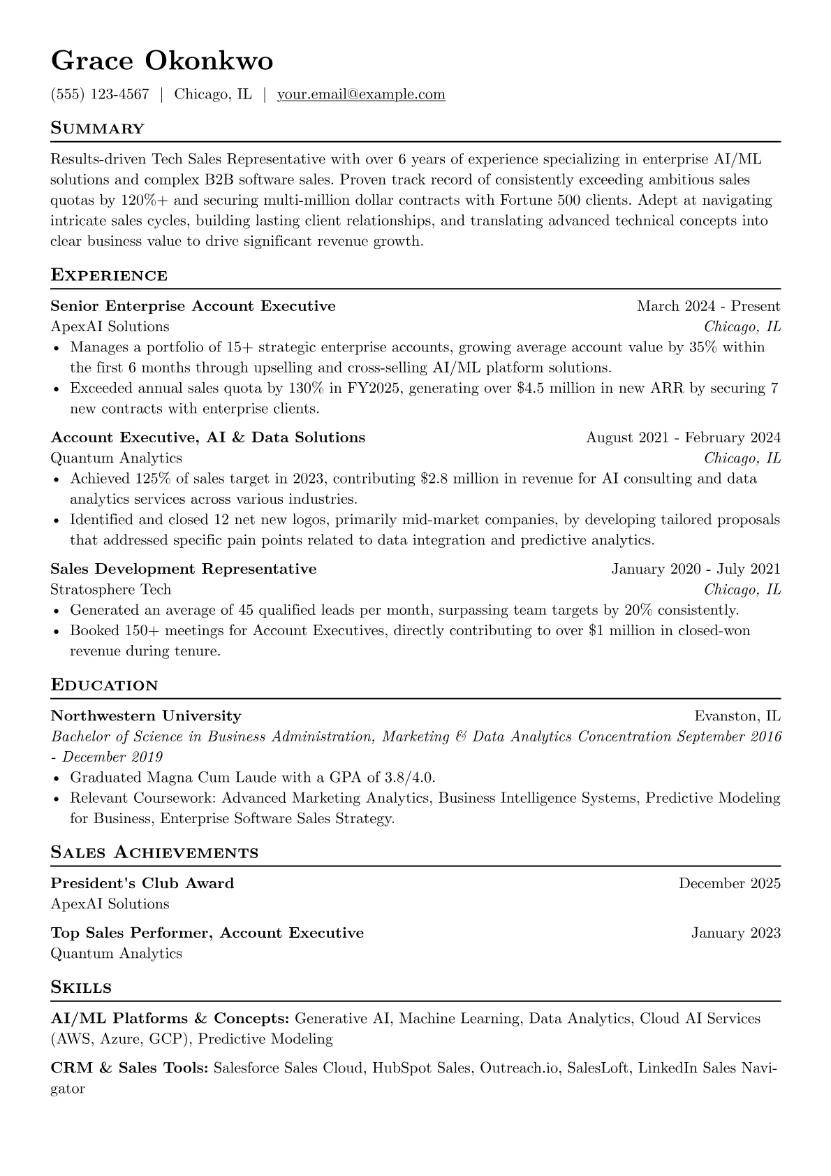 Tech Sales Representative resume example, Enterprise AI/ML Solutions, page 1