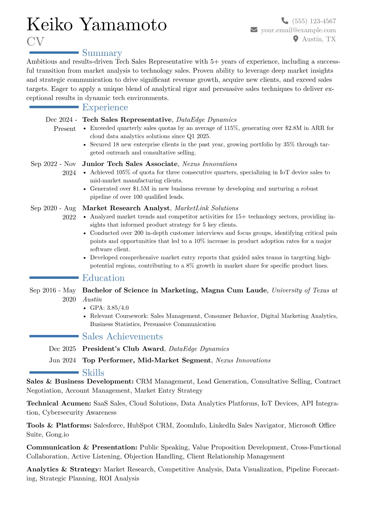 Tech Sales Representative resume example, Career changer, page 1