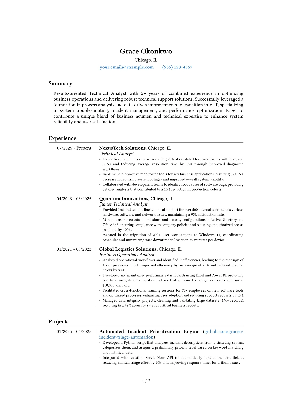 Technical Analyst resume example, Career changer, page 1