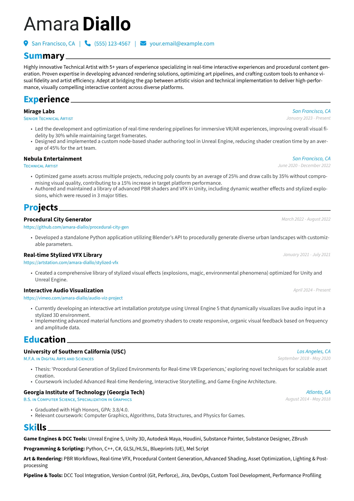 Technical Artist resume example, Technical Artist, page 1