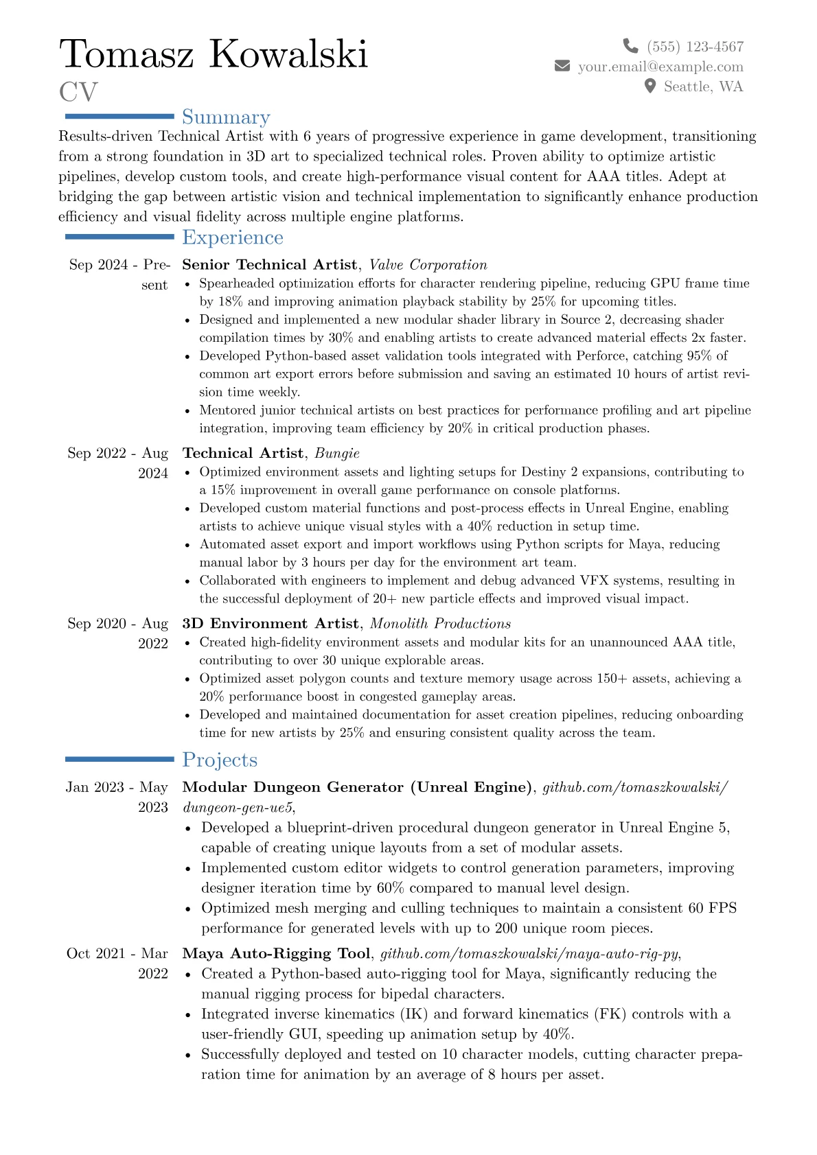 Technical Artist resume example, Career changer, page 1
