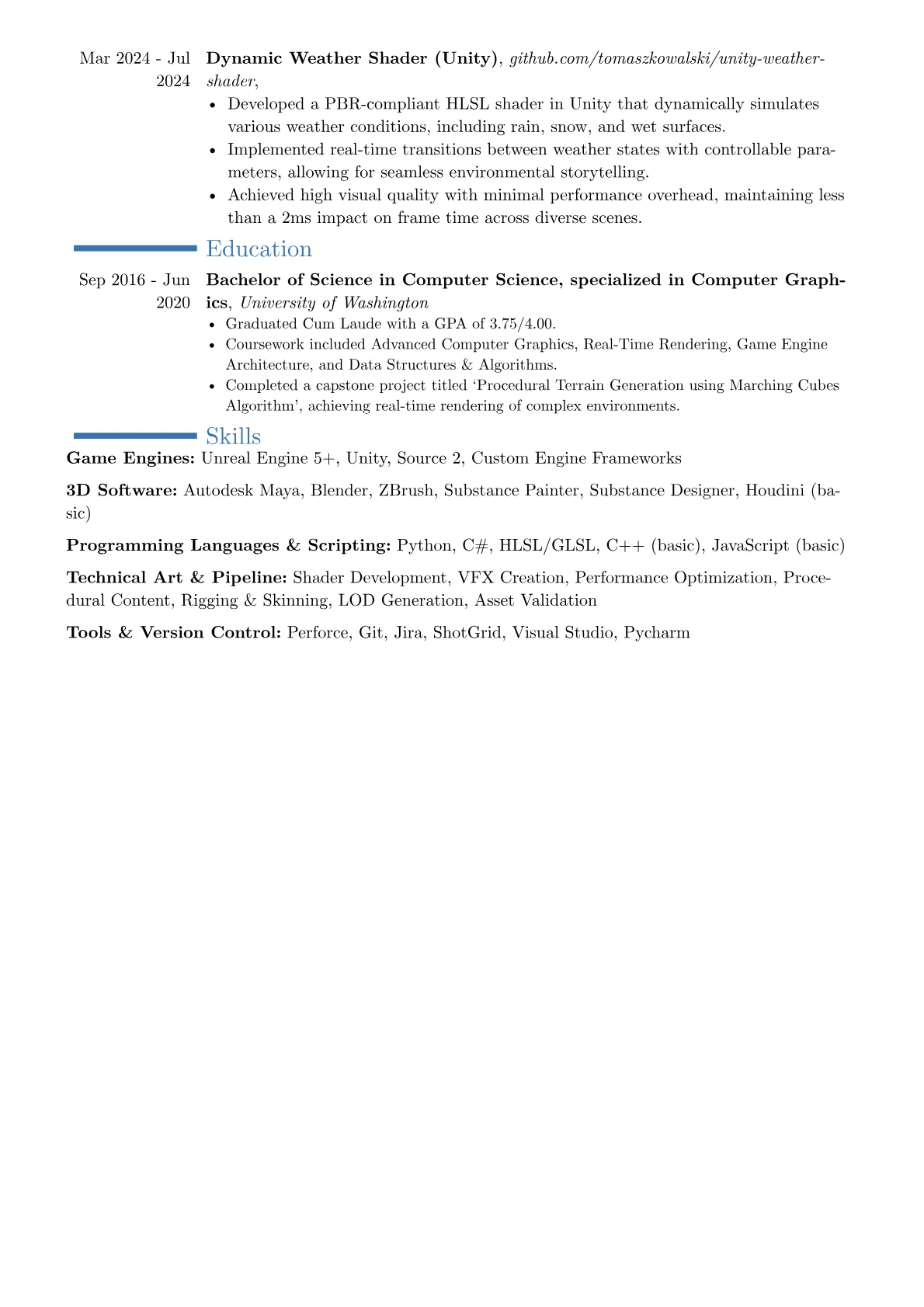 Technical Artist resume example, Career changer, page 2