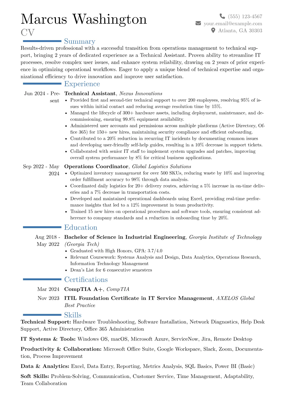 Technical Assistant resume example, Career changer, page 1