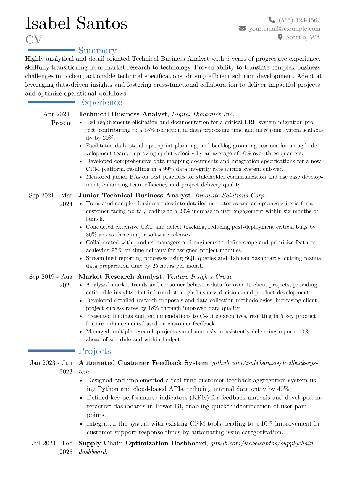 Technical Business Analyst resume example, Career changer, page 1