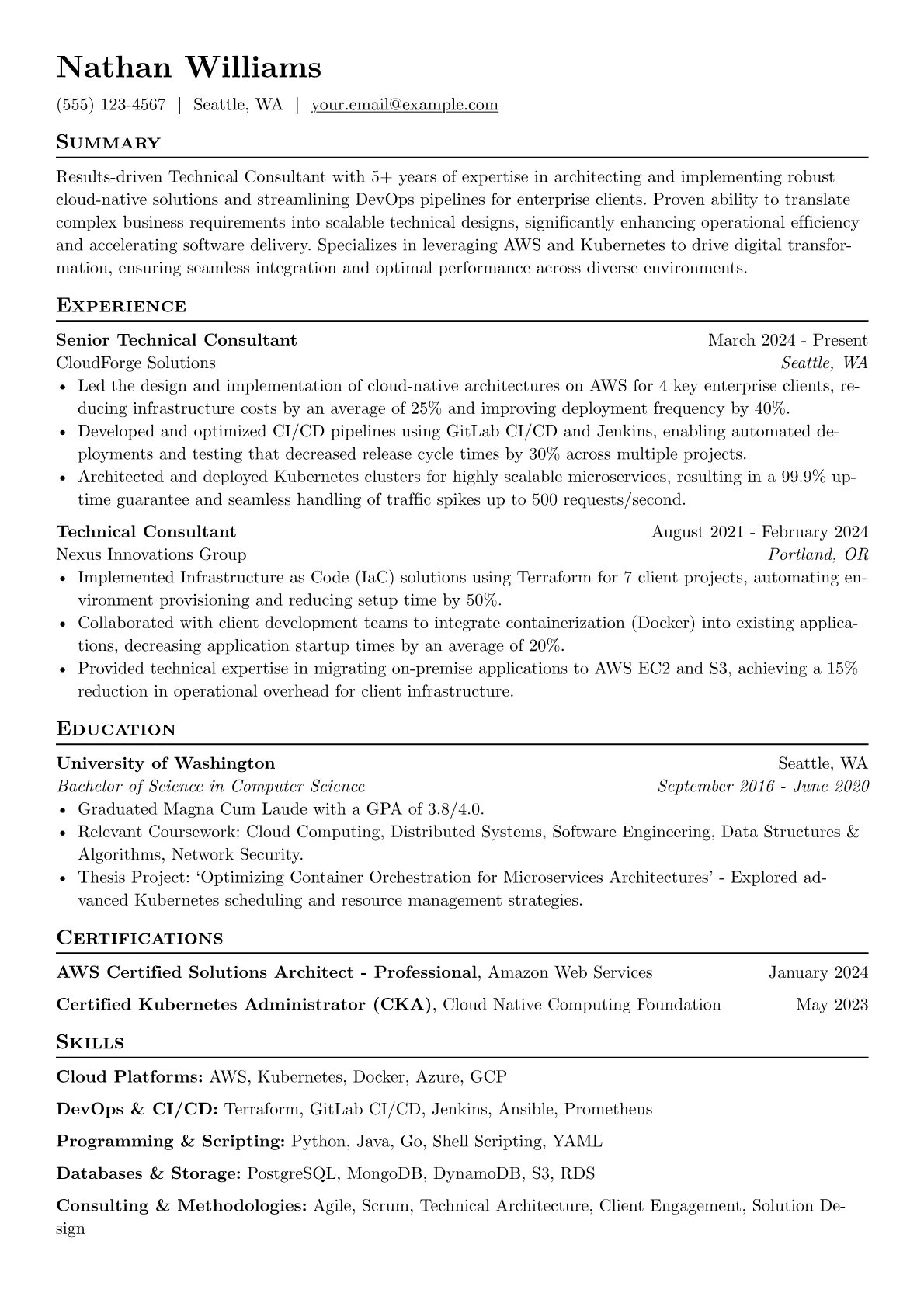 Technical Consultant resume example, Cloud-Native & DevOps, page 1