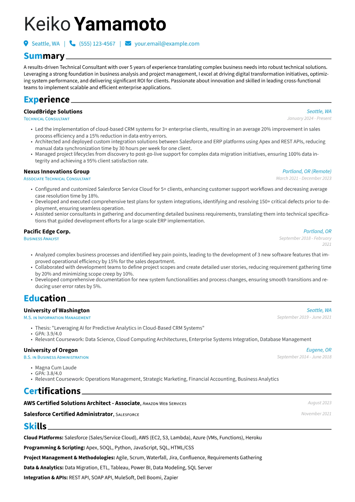 Technical Consultant resume example, Career changer, page 1