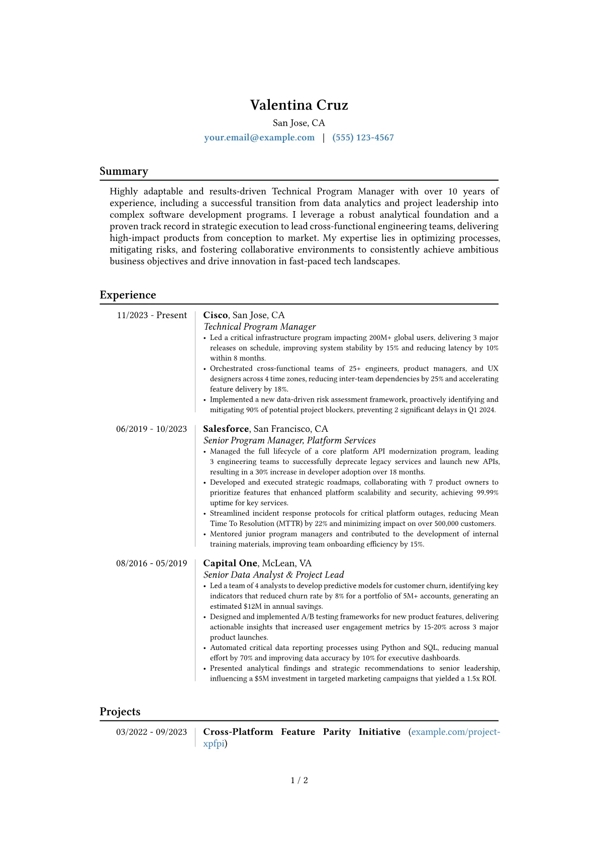 Technical Program Manager resume example, Career changer, page 1