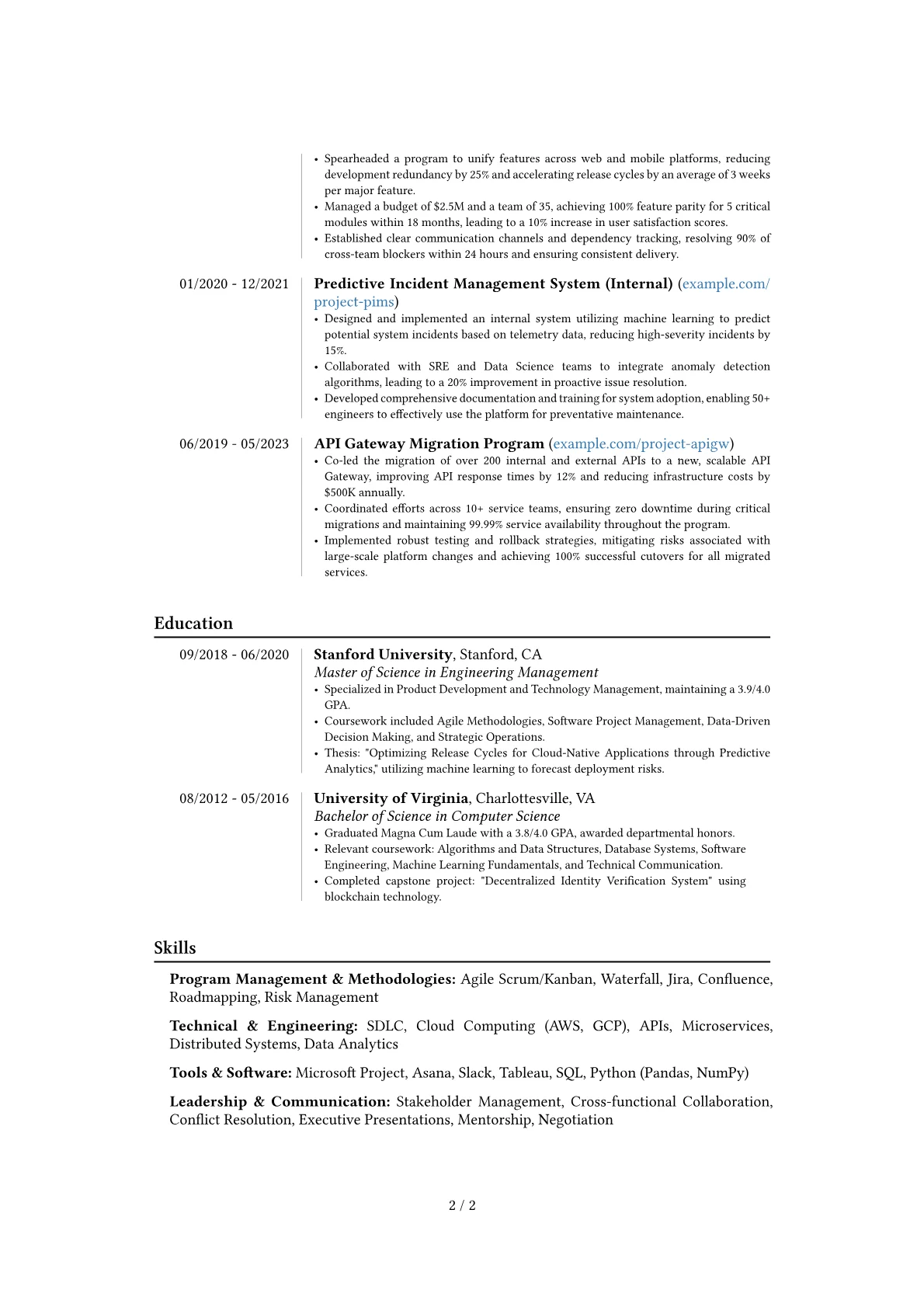 Technical Program Manager resume example, Career changer, page 2