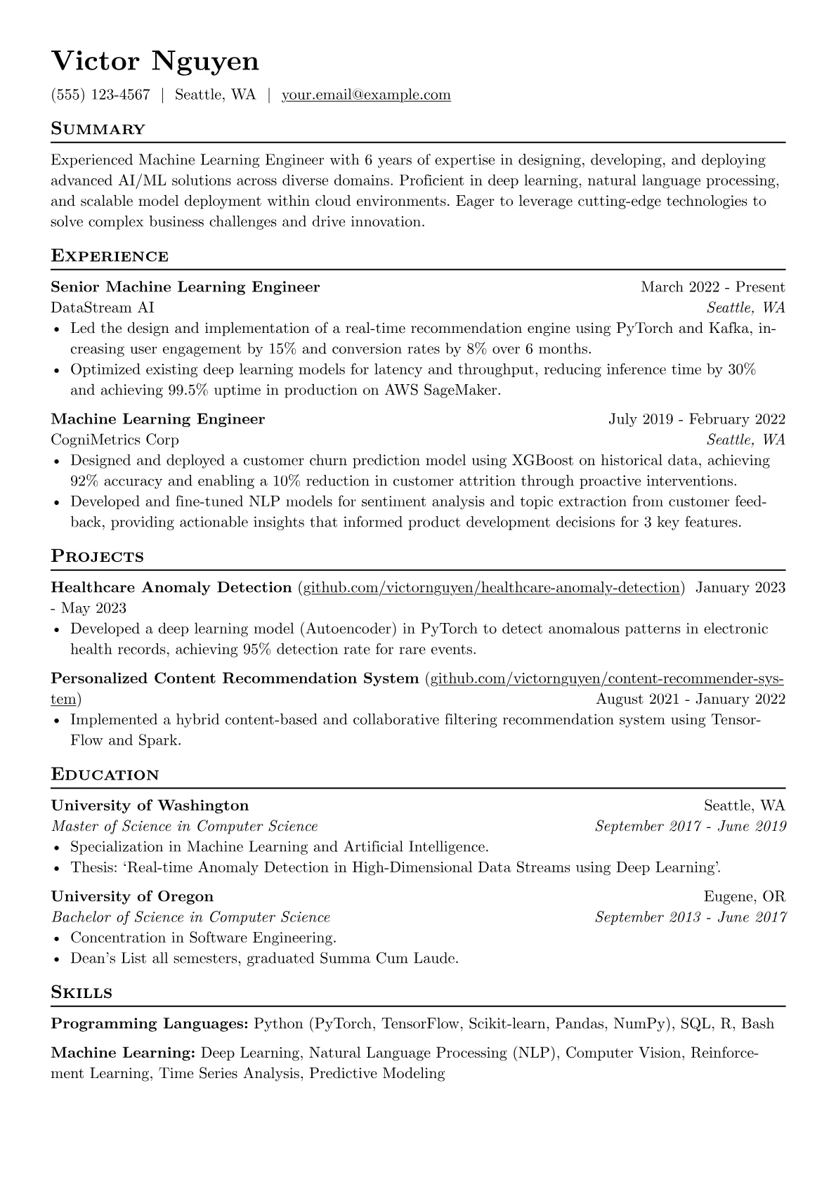 Technical resume example, Machine Learning Engineer, page 1