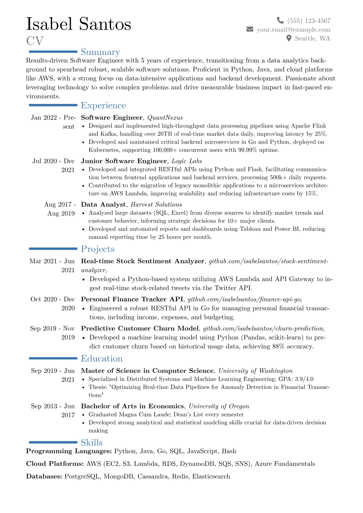 Technical resume example, Career changer, page 1