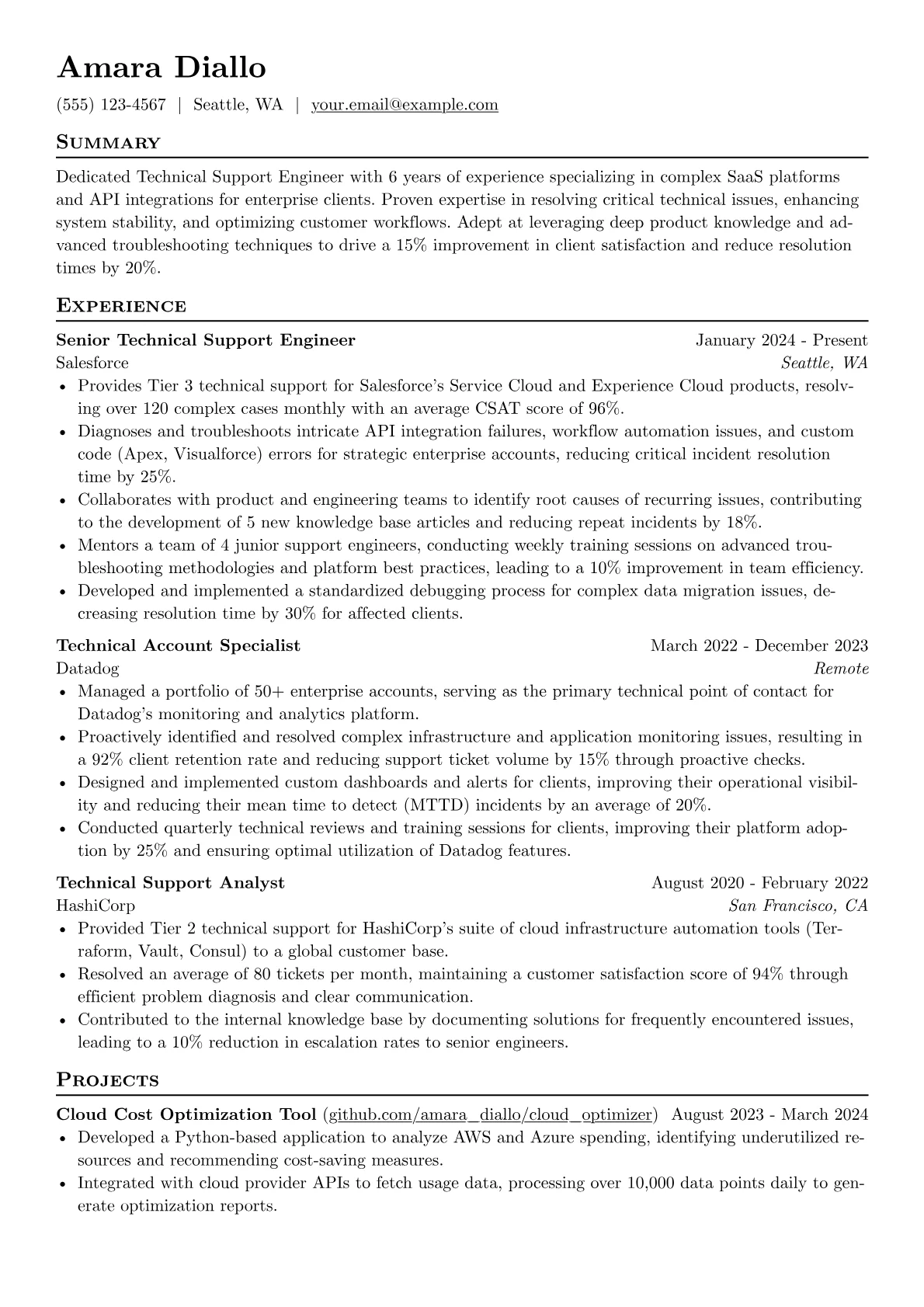 Technical Support resume example, Technical Support Engineer, page 1