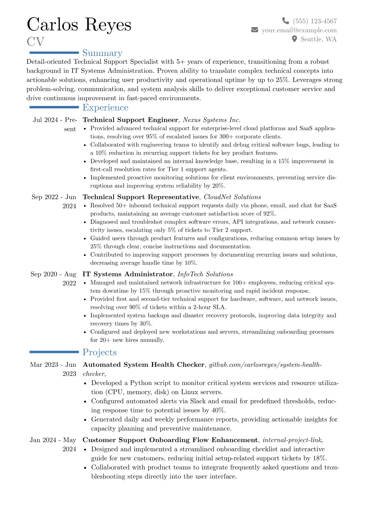 Technical Support resume example, Career changer, page 1