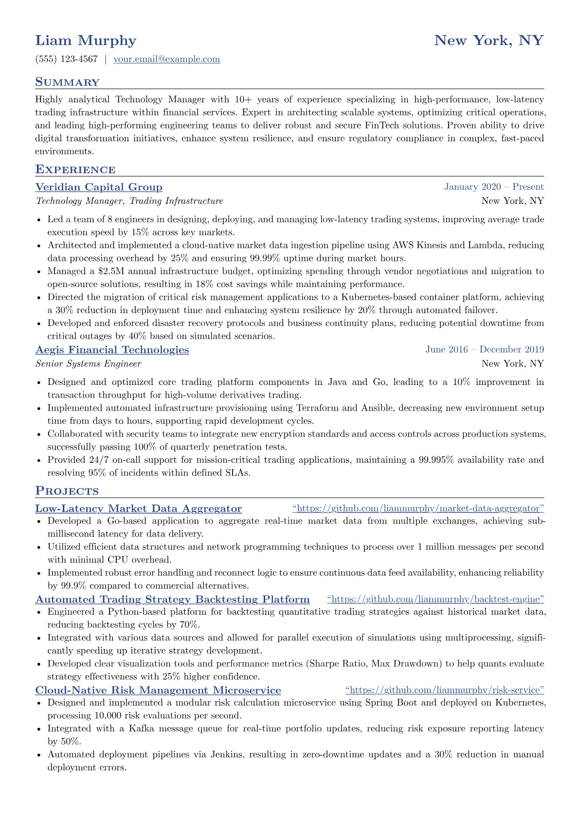 Technology Manager resume example, FinTech & Low-Latency, page 1