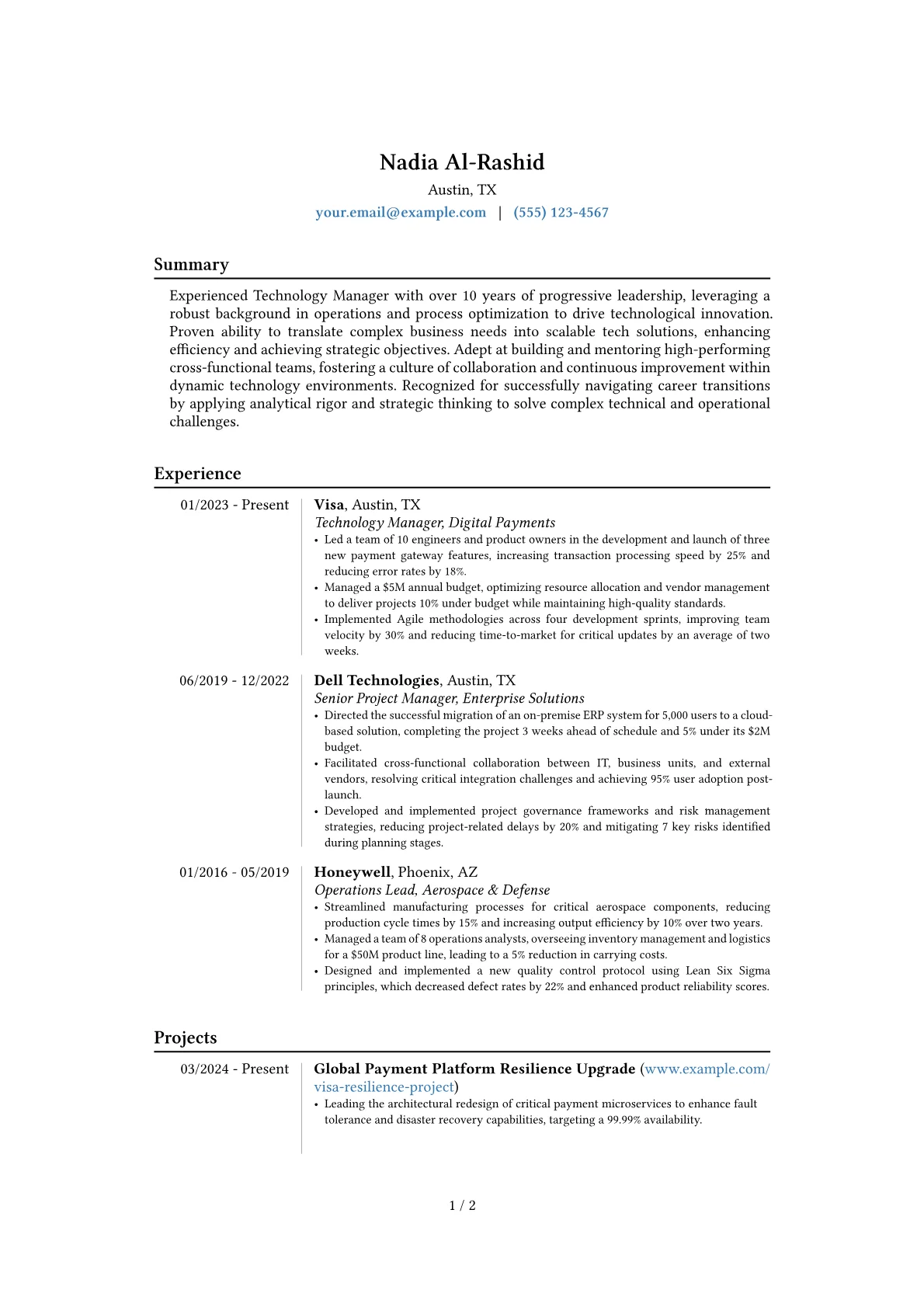 Technology Manager resume example, Career changer, page 1