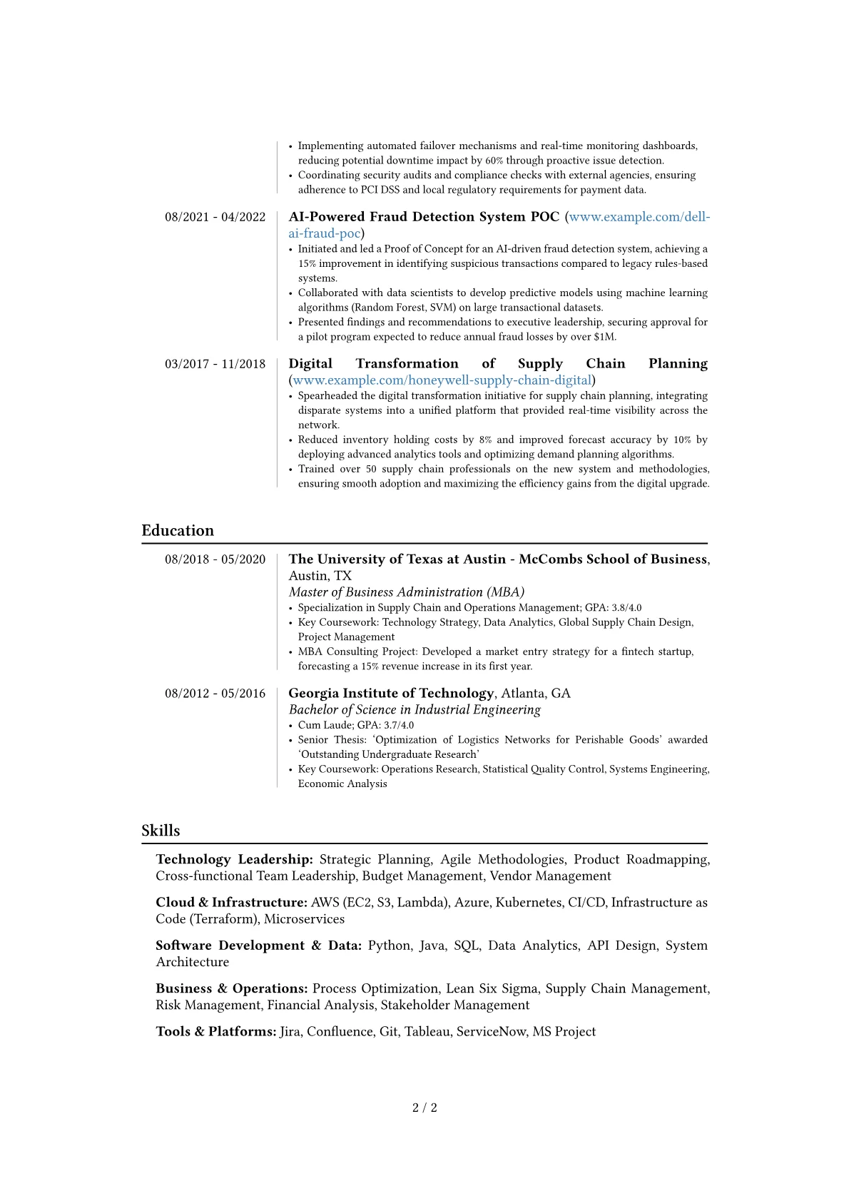 Technology Manager resume example, Career changer, page 2