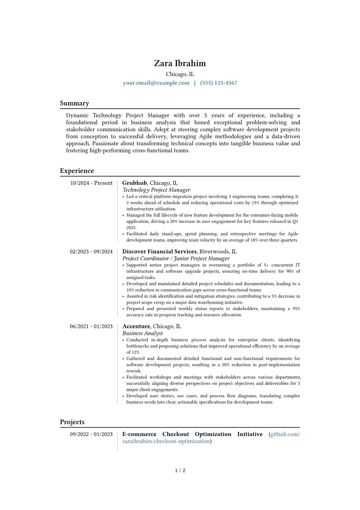 Technology Project Manager resume example, Career changer, page 1