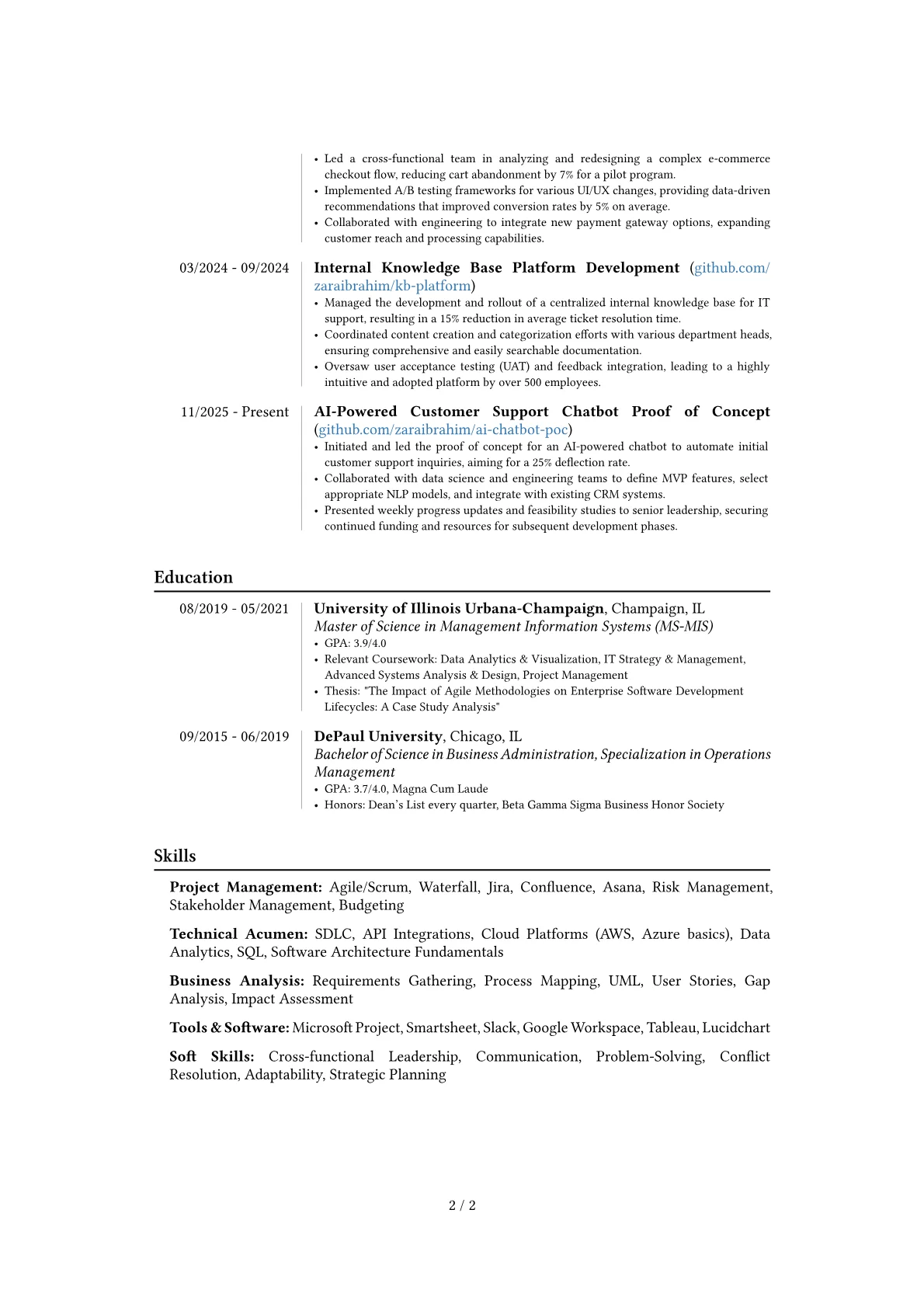 Technology Project Manager resume example, Career changer, page 2
