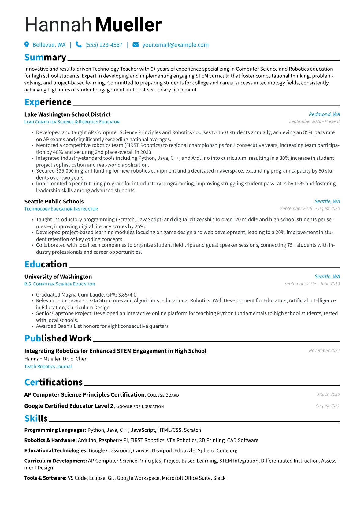 Technology Teacher resume example, High School CS & Robotics, page 1