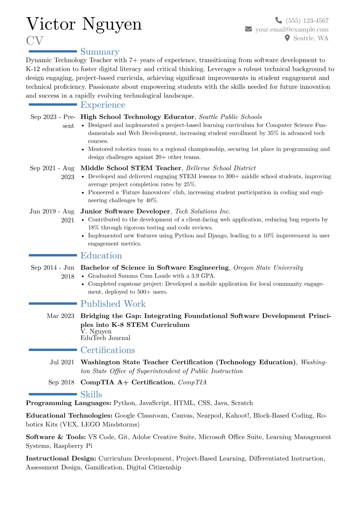 Technology Teacher resume example, Career changer, page 1
