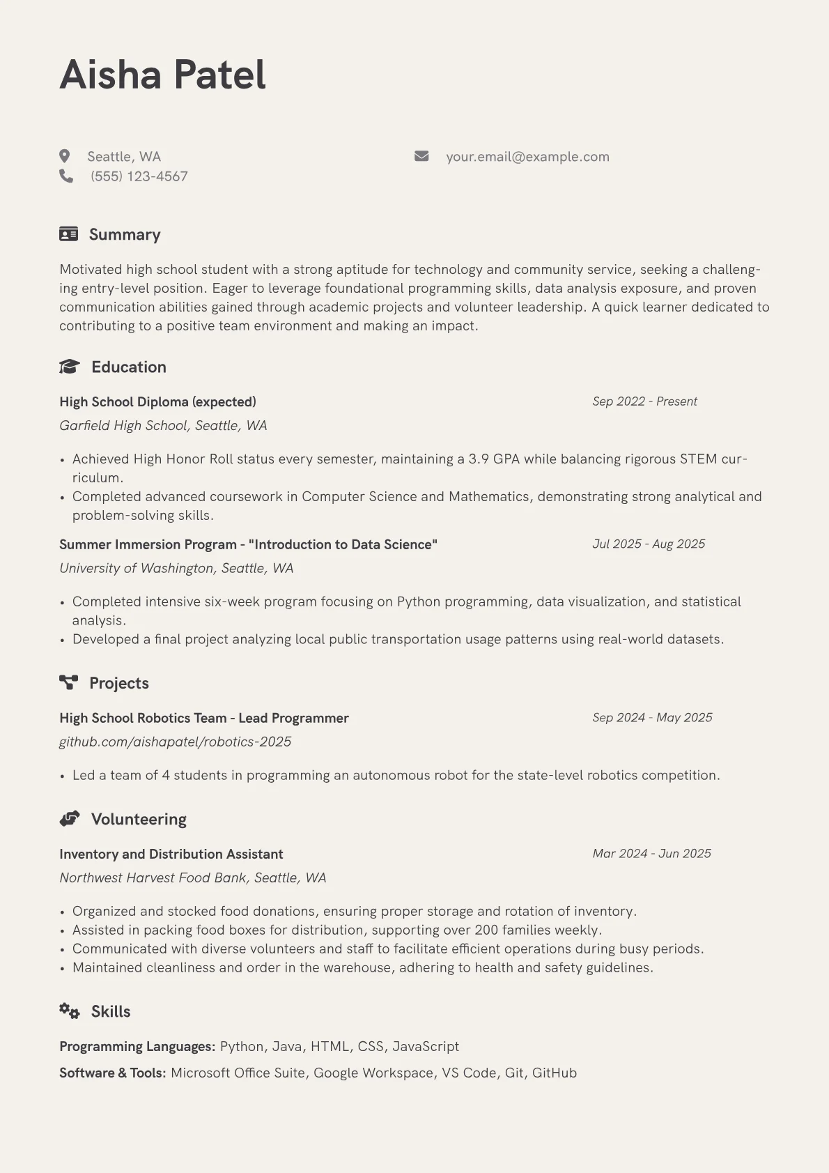 Teen resume example, Programming Languages, page 1