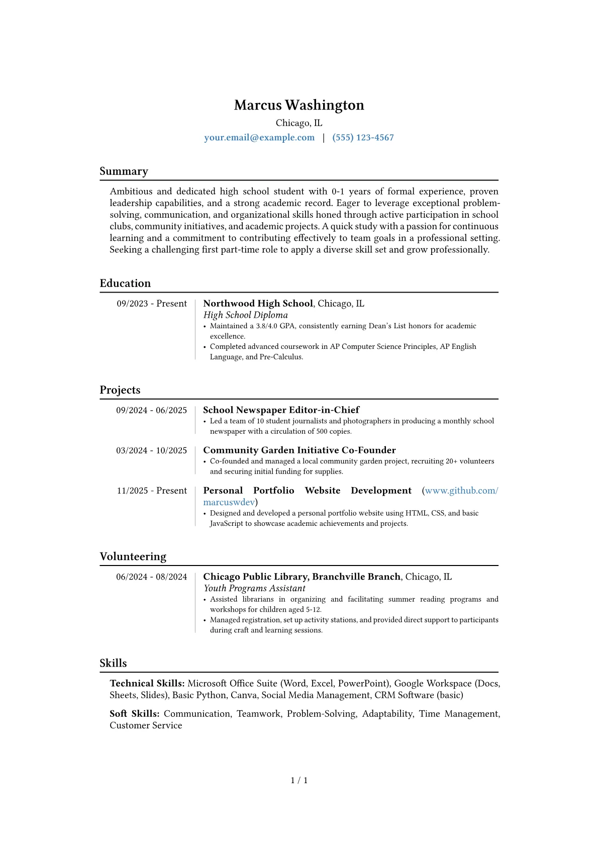 Teen resume example, Career changer, page 1